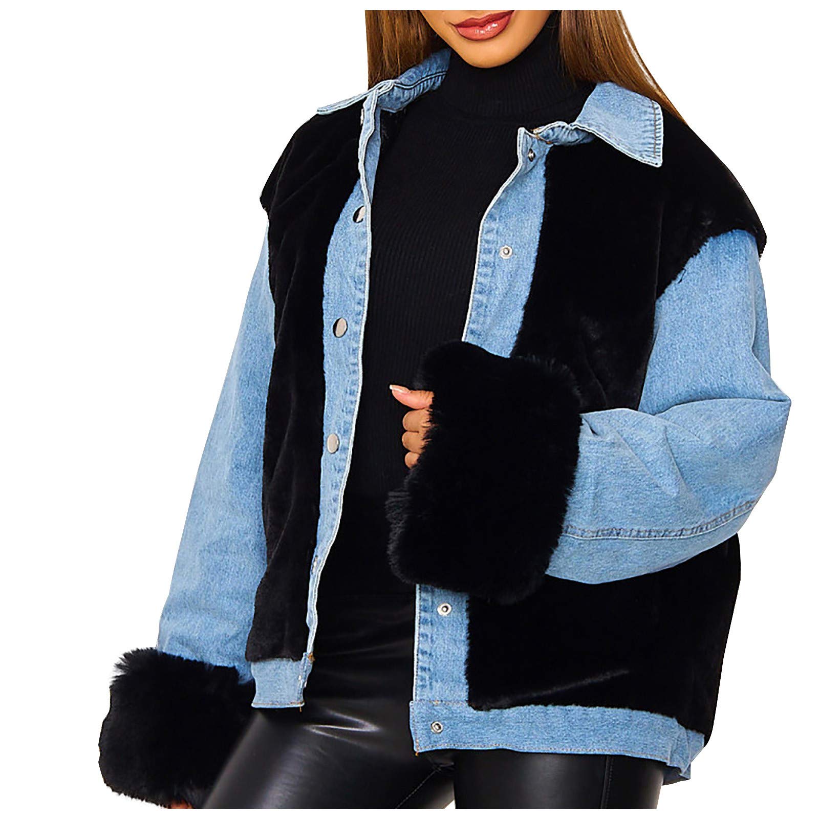 Women's Oversized Denim Jacket with Fleece Patchwork - Button Down Boyfriend Style Jean Coat for Casual Outfits & Streetwear Fashion | Perfect for Fall Layering and Weekend Outings