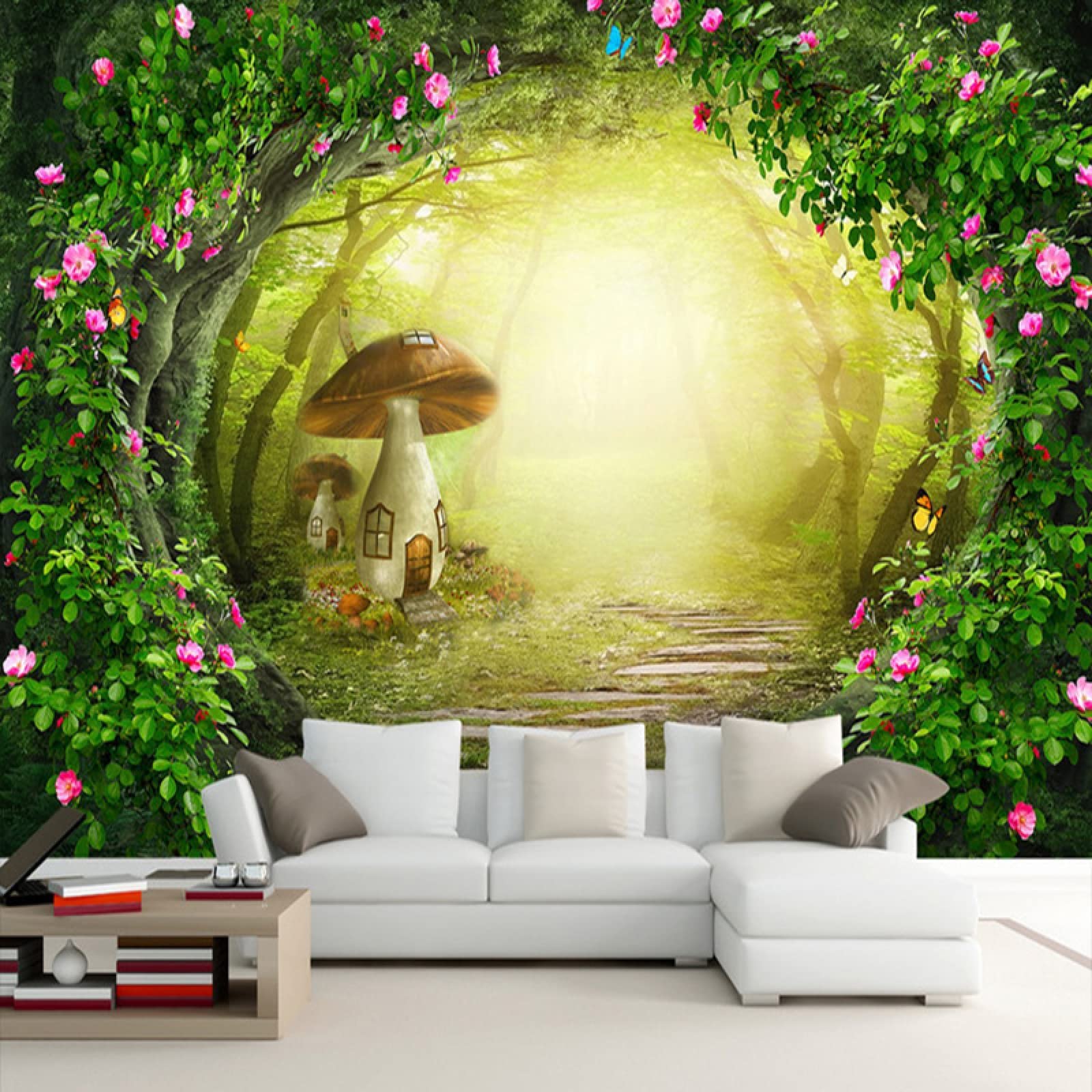 3D Jungle Flower Vine Mushroom House Wall Mural - Peel and Stick Self-Adhesive Wallpaper (116