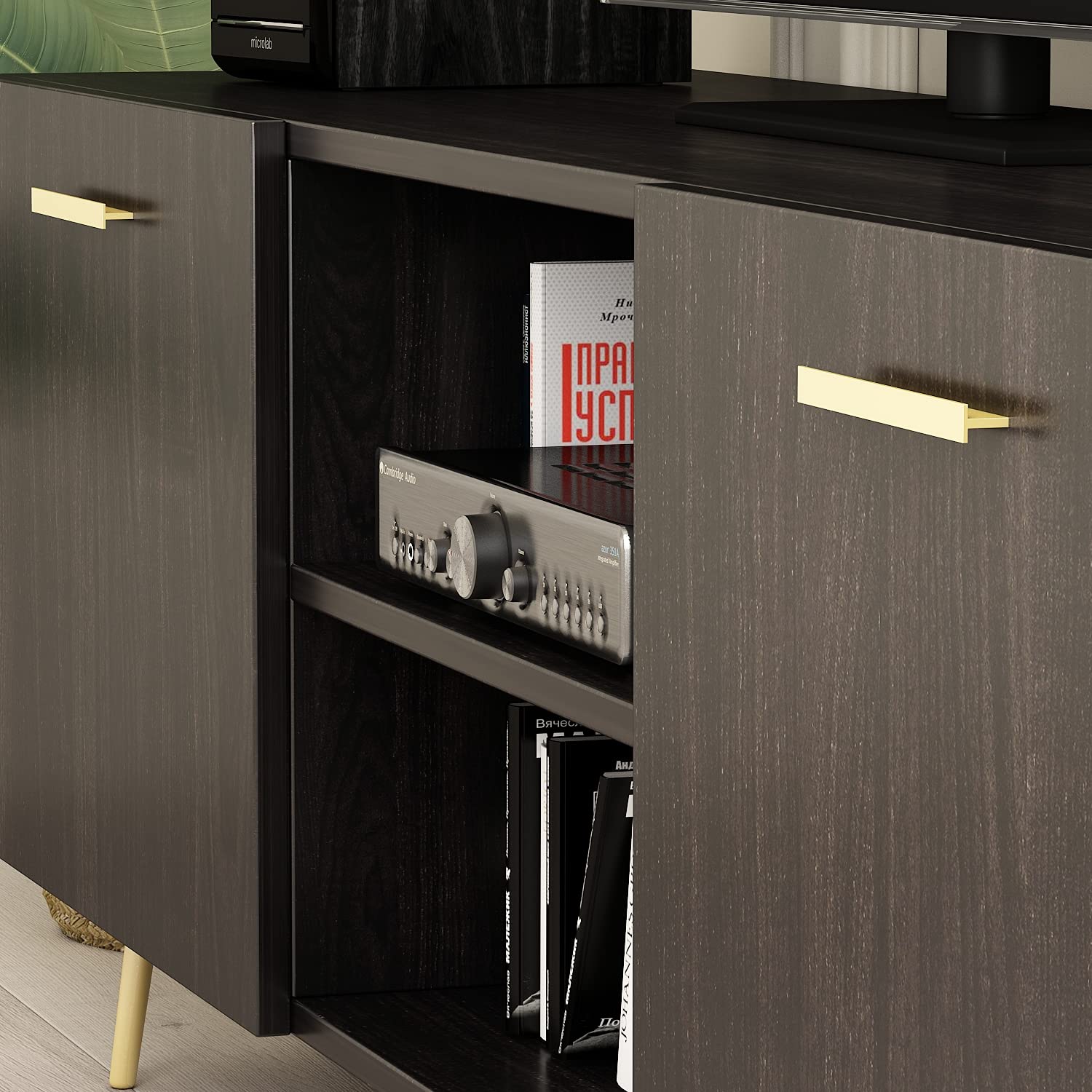 FUFU&GAGA 65 Inch TV Stand - Modern Wood & Metal Legs Entertainment Center with 2 Storage Cabinets & 2 Open Shelves - Universal Media Console for Living Room, Home Theater & Gaming Setup (Black-Brown)