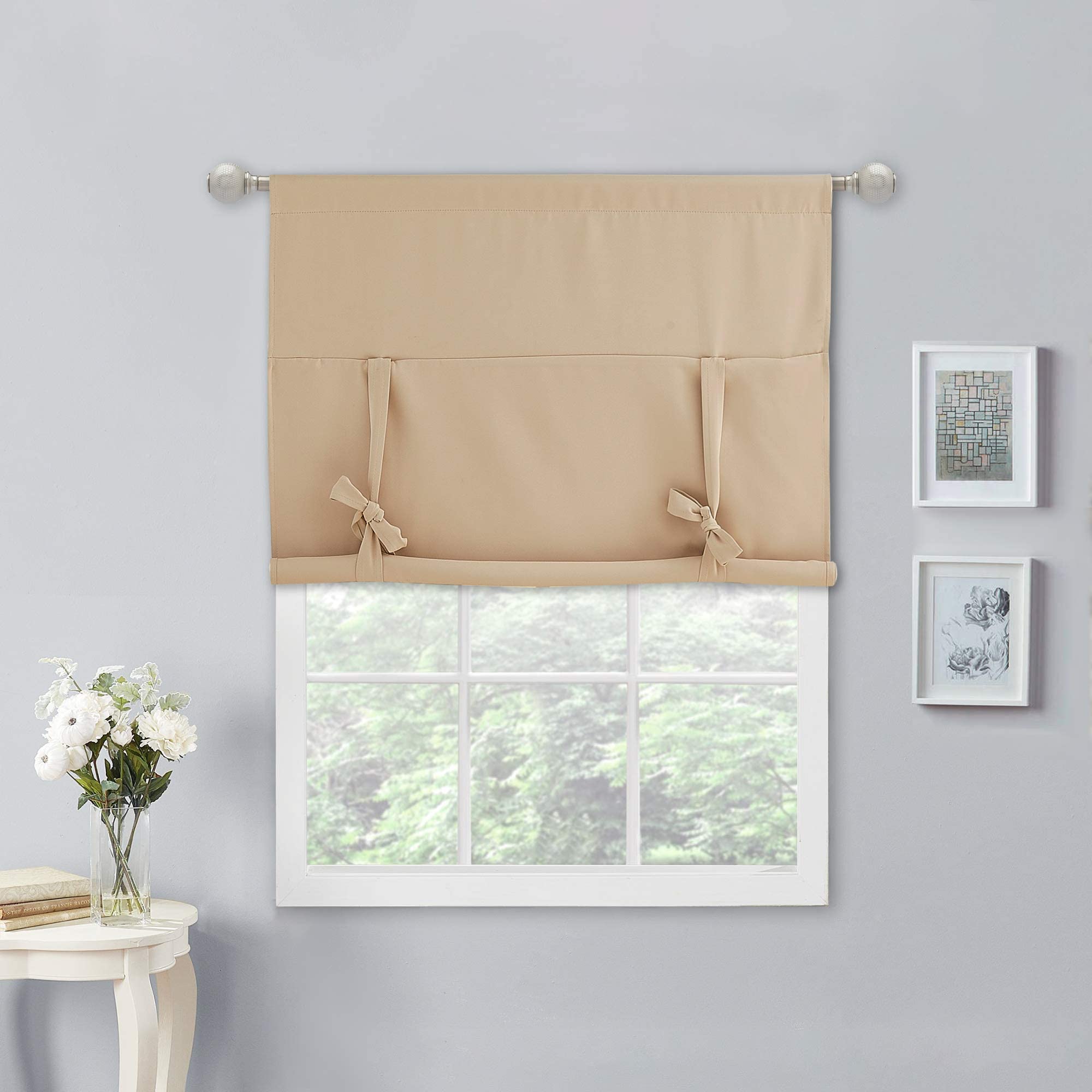 NICETOWN 45 Inch Short Curtains for Small Windows - Biscotti Beige Roll Up Tie Up Shades for Bathroom, Kitchen & Glass Door (1 Panel, 34