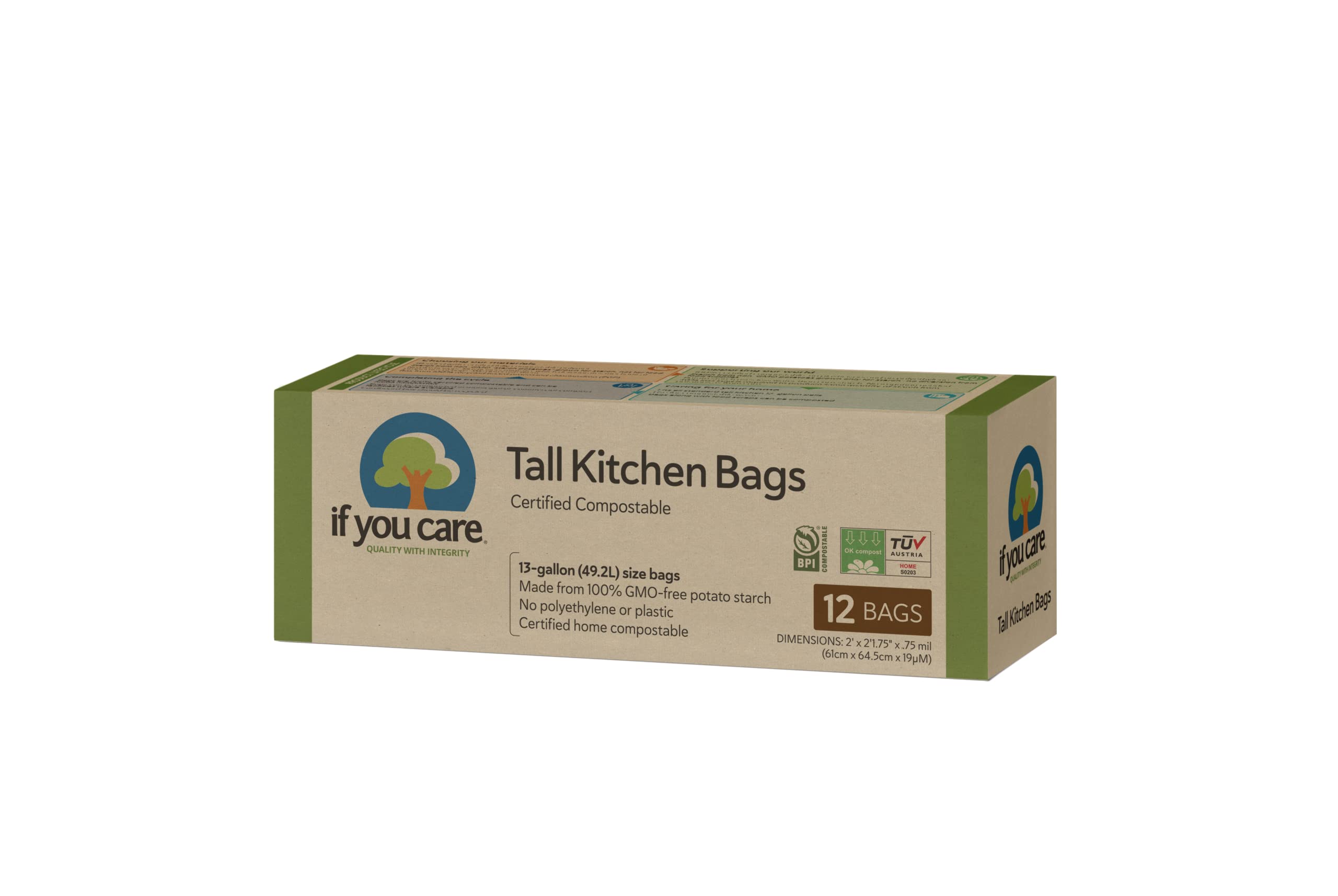 If You Care 13 Gallon Tall Kitchen Trash Bags, 12 Count - Eco-Friendly, Compostable, Strong & Leak-Proof for Home, Office & Commercial Use