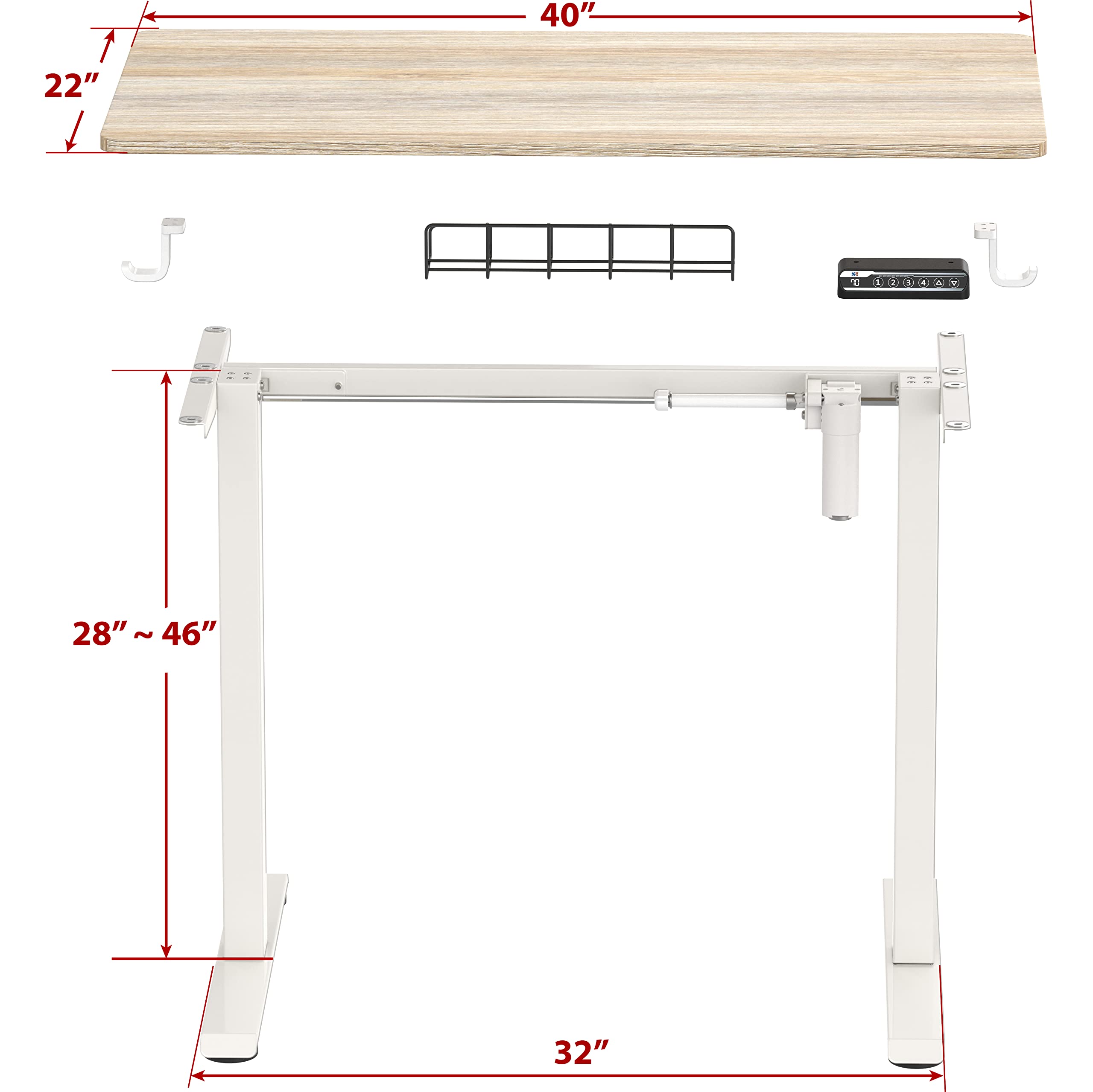 SHW 40 x 22 Inches Electric Height Adjustable Standing Desk - Sit to Stand Workstation with Hanging Hooks & Cable Management, White Frame & Maple Top - Perfect for Home Office, Gaming & Workspace Ergonomics