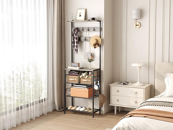 HOMEFORT 5-Tier Coat Rack with Shoe Storage & 9 Clothes Hooks - Freestanding Entryway Hall Tree Organizer for Bedroom, Living Room, Closet - Space Saving Grey Home Decor (Perfect for Small Apartments & Mudroom Organization)