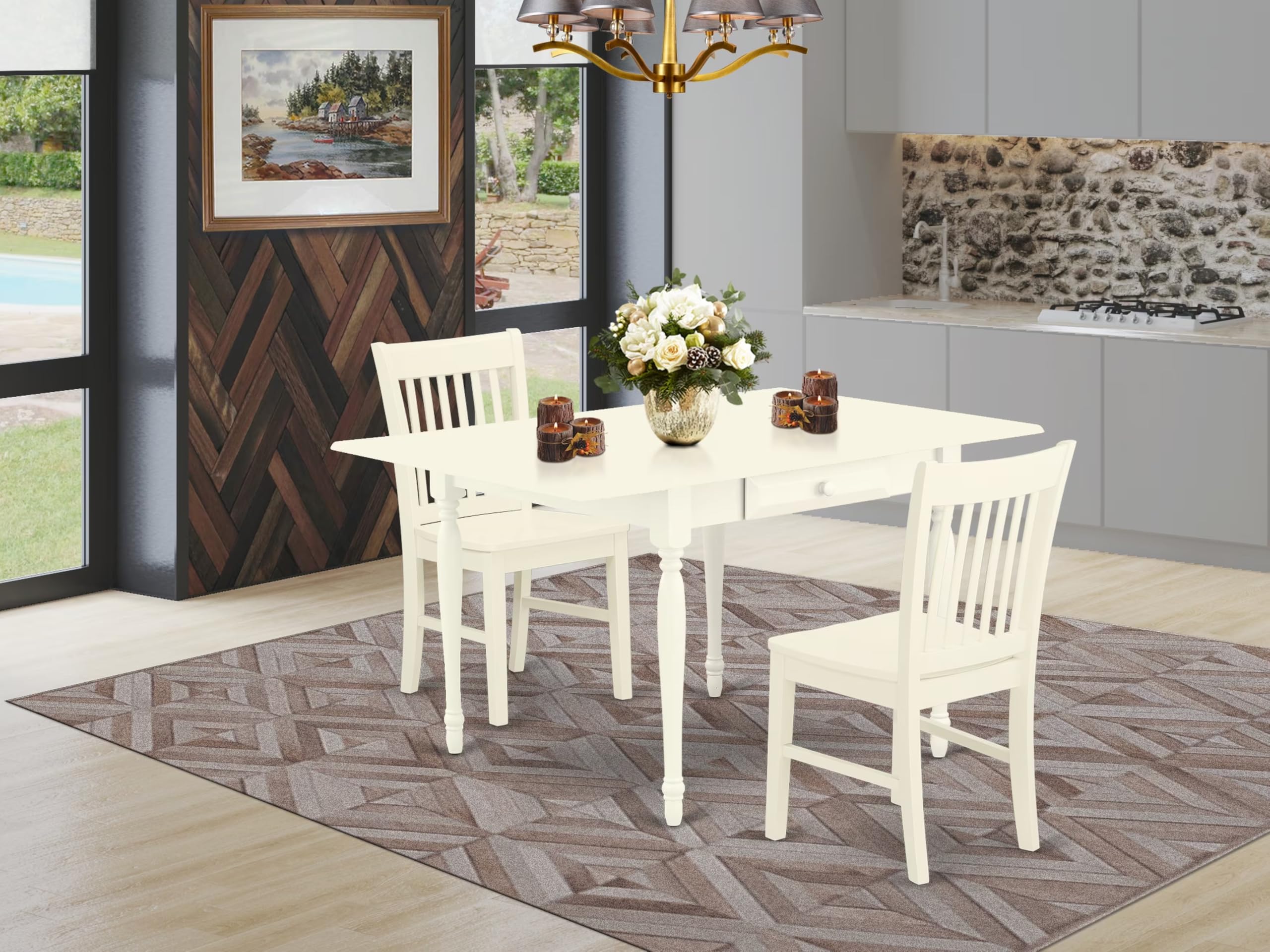 East West Furniture MZNO3-LWH-W 3-Piece Kitchen Table Set for Small Spaces - 36x54 Inch Rectangle Drop Leaf Dining Table with 2 Solid Wood Chairs, Linen White - Perfect for Apartments, Breakfast Nooks & Cozy Dining Areas