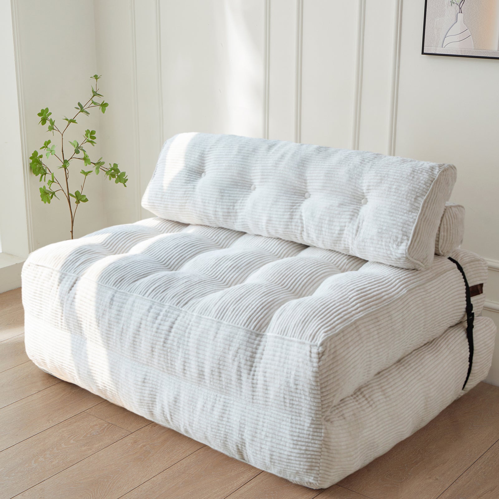 MAXYOYO Corduroy Folding Sofa Bed - Convertible Sleeper Chair with Pillow & Foldable Mattress, Double Size with Back Support in Beige | Perfect for Small Spaces, Guest Rooms & Apartments