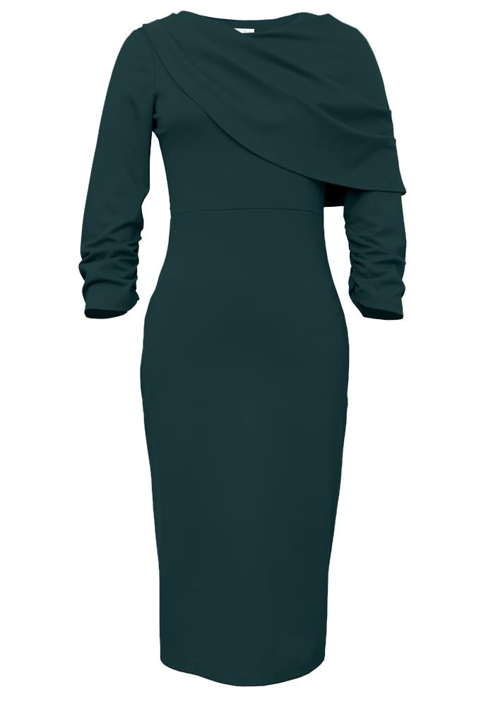 Women's Stretchy Ponte Knit Draped Midi Dress - Elegant & Comfortable for Work, Parties & Special Occasions
