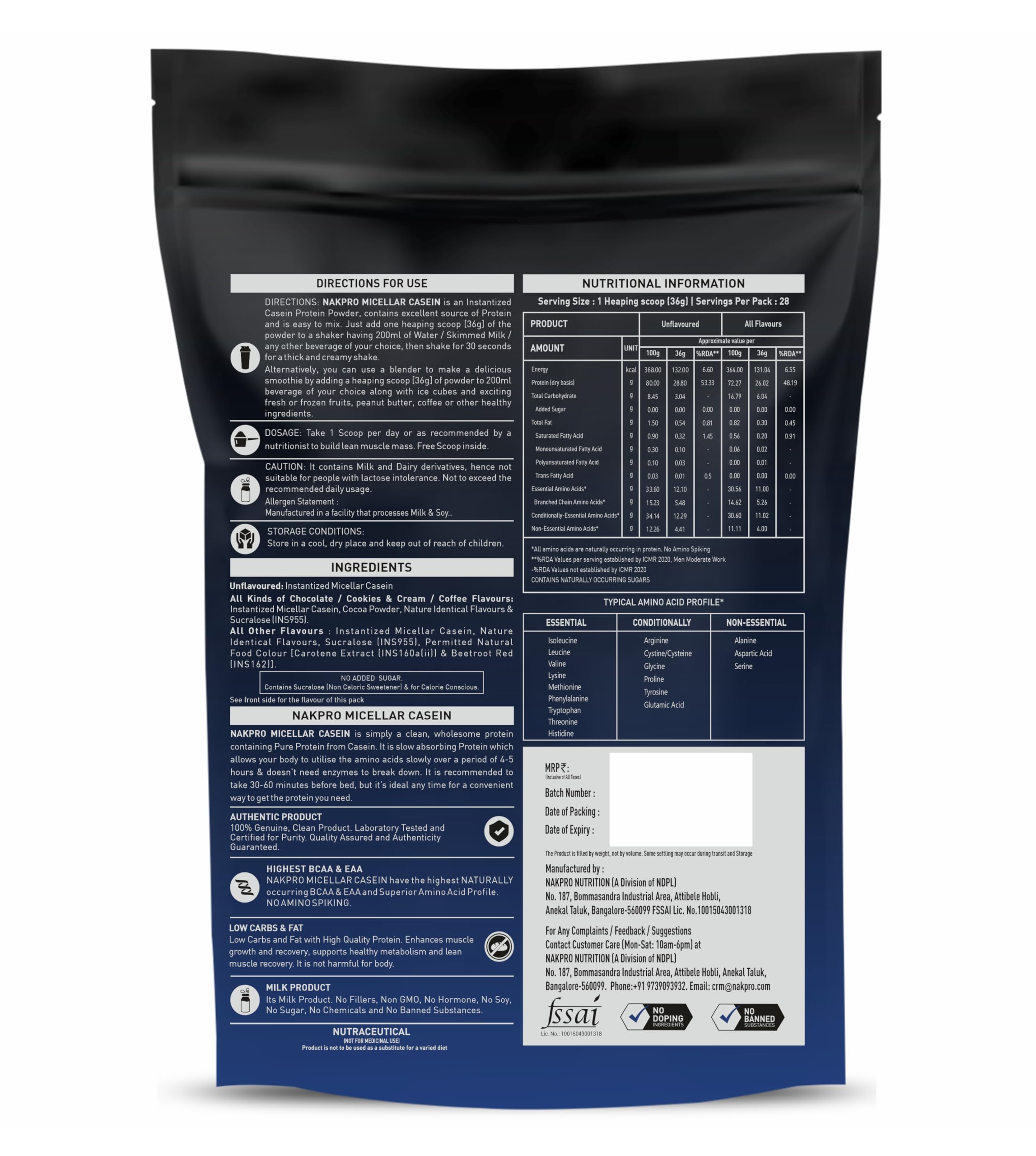 NAKPRO 100% Micellar Casein Protein Powder - Unflavored 1kg | 28.8g Protein, 12.1g EAAs, 5.48g BCAAs | Slow Digesting Protein Supplement for Muscle Recovery & Overnight Nutrition | Ideal for Post-Workout, Bedtime & Weight Management