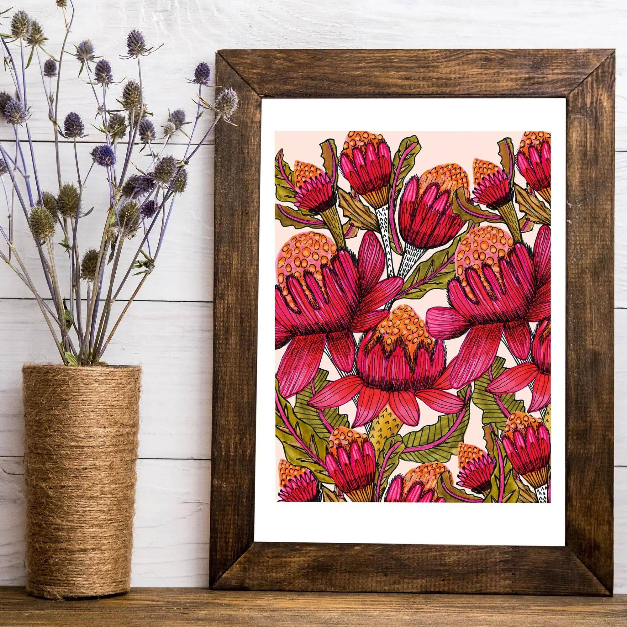 Waratahs Wall Art Print - Australian Native Flower Canvas Painting - Perfect for Home Decor, Living Room, Bedroom & Office