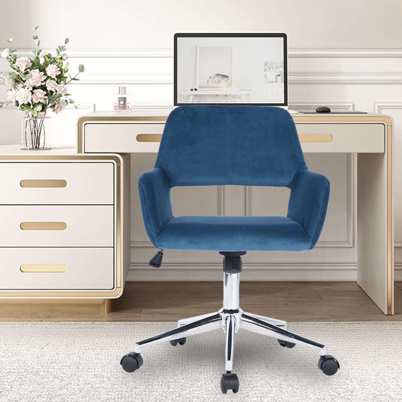 HomVent Velvet Swivel Desk Chair with Cute Hollow Mid-Back - Ergonomic Upholstered Task Chair for Home Office, Living Room, Vanity & Makeup Room - Perfect for Working, Studying & Beauty Stations