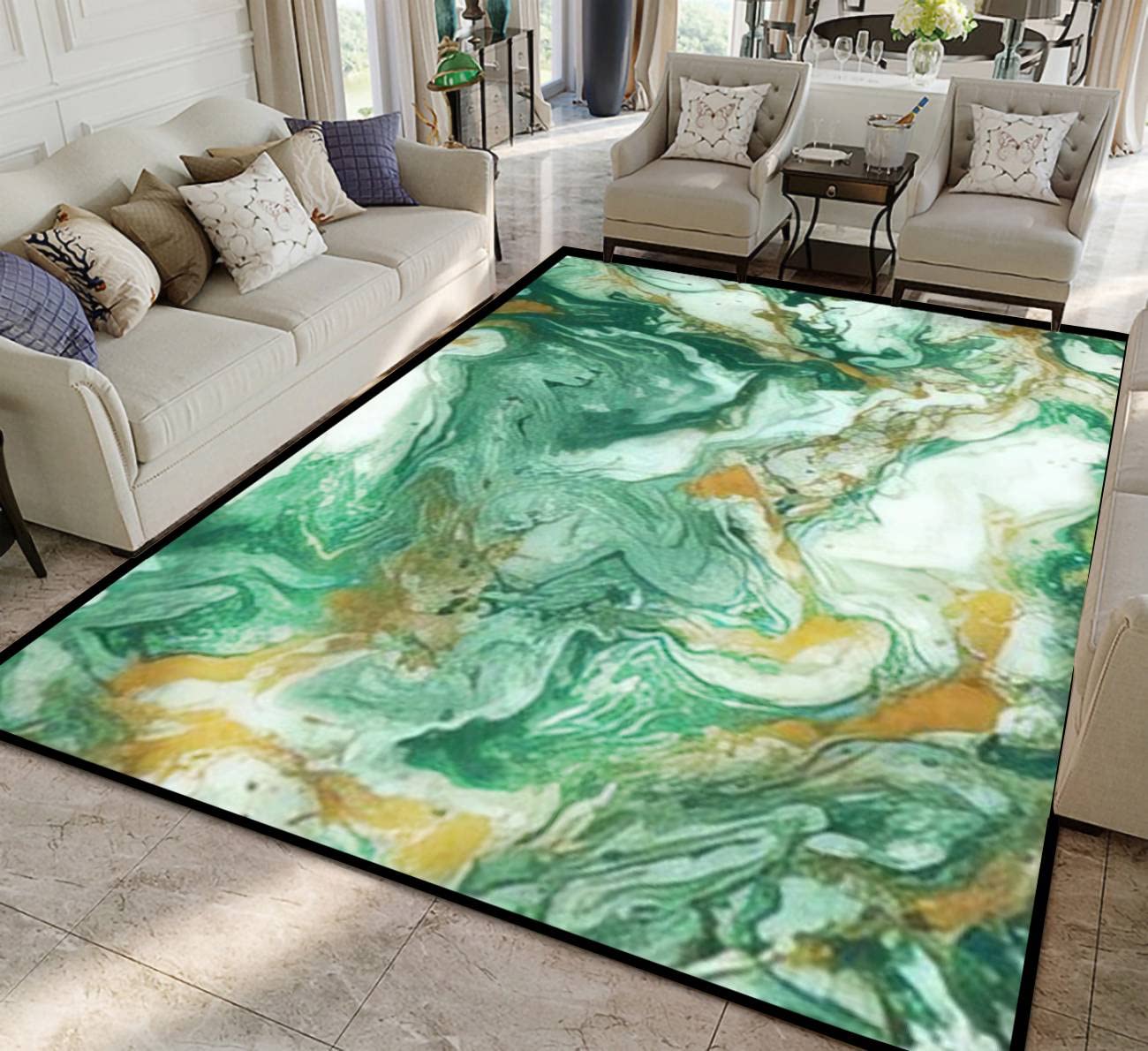 Abstract Golden & Dark Green Marble Acrylic Rug - Non-Slip Soft Indoor/Outdoor Carpet for Living Room, Bedroom, Kids Room - Modern Home Decor, Yoga Mat & Runner (60