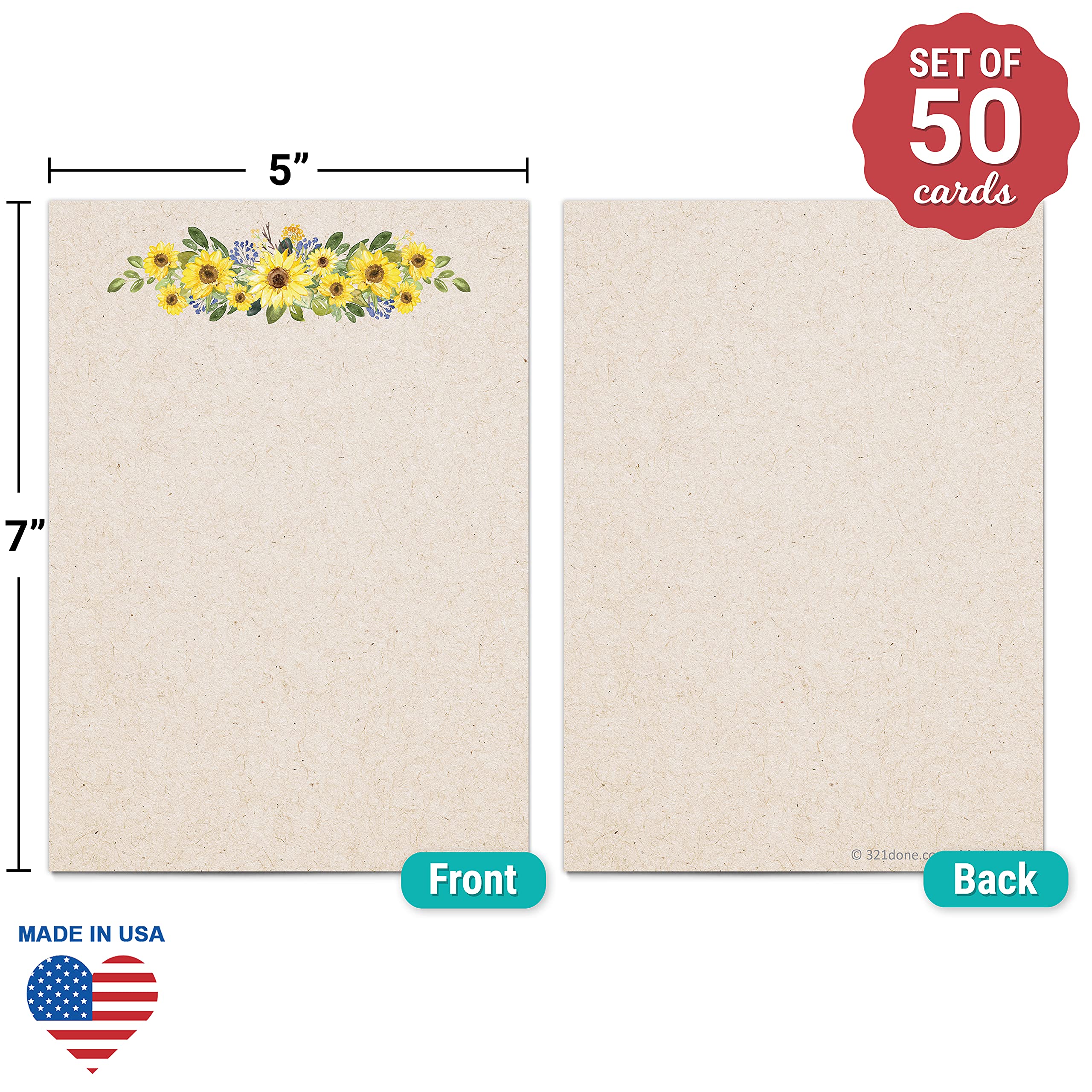321Done Blank Sunflower Note Cards - 50 Pack 5x7 Kraft Cards with Yellow Sunflower Designs, Premium Cardstock for DIY Greeting Cards, Invitations & Stationery (No Envelopes) - Perfect for Weddings, Birthdays & Thank You Notes - Made in USA