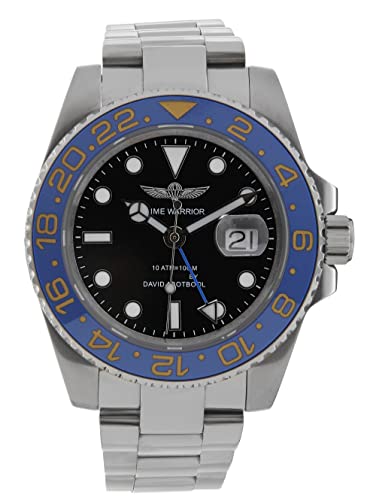 TIME WARRIOR Men's GMT Watch - Black Dial with Blue & Yellow Bezel, 316L Stainless Steel Case, Swiss Ronda 505 GMT Quartz Movement, Sapphire Crystal | Perfect for Business Travel, Aviation & Outdoor Adventures