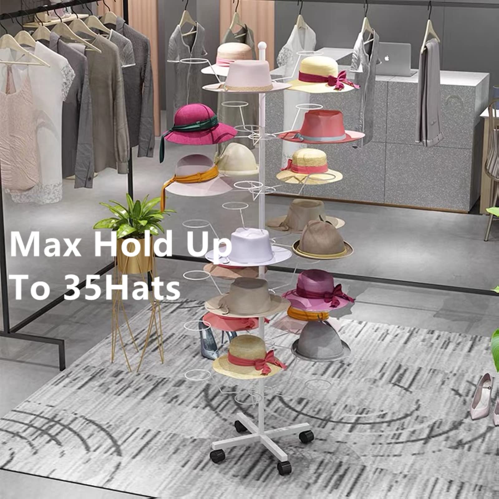 7-Tier Rotating Metal Hat Rack Stand - Adjustable Free-Standing Cap Organizer for 35 Hats, Wigs & Accessories - Space-Saving Floor Display (White) - Perfect for Bedroom, Closet & Entryway Organization