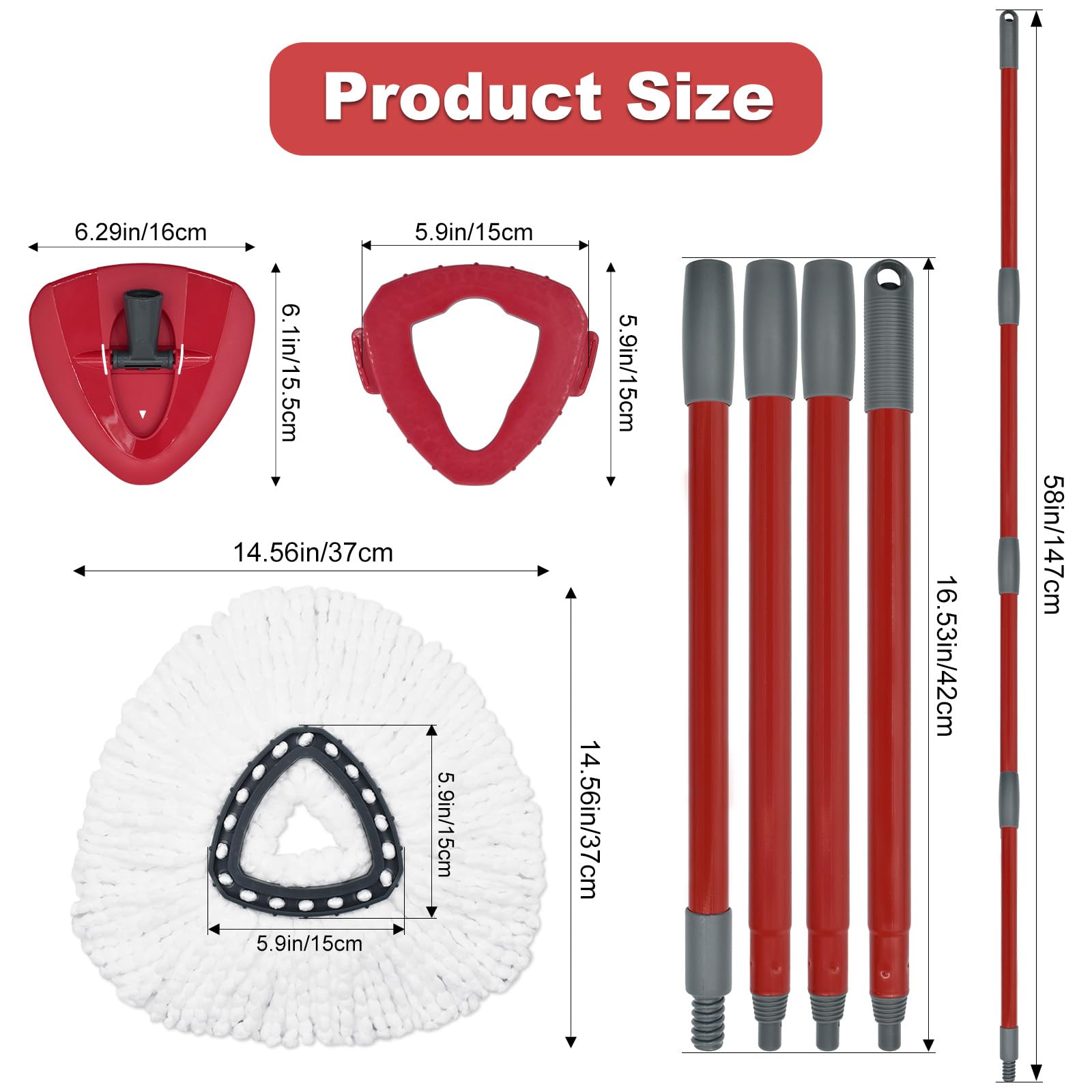 Ocedar EasyWring Spin Mop Replacement Head - 2 Microfiber Mop Refills with 4-Section Sturdy Iron Handle (30-58in), Base & Scrubber Head Combo Set - Perfect for Kitchen, Bathroom & Hard Floor Cleaning