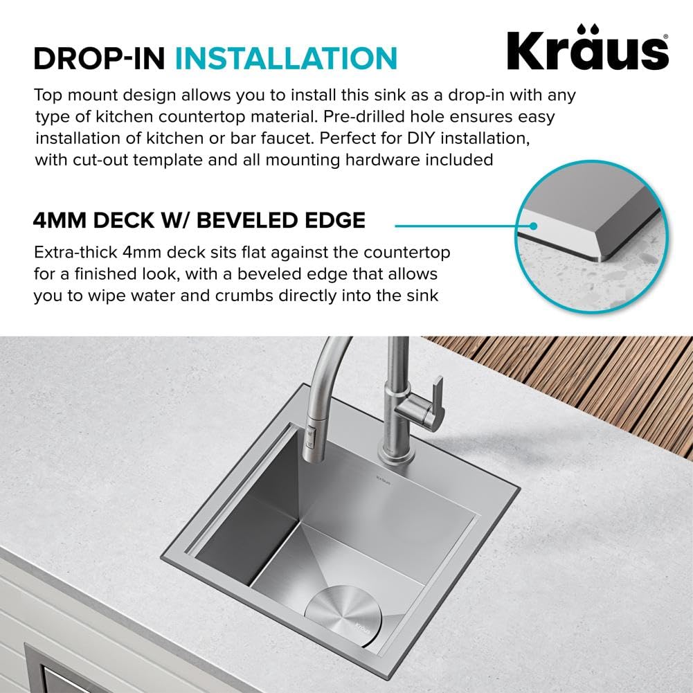 KRAUS Kore 15-Inch Drop-In/Top Mount Stainless Steel Kitchen Sink - 16 Gauge Single Bowl Bar Prep Sink with Accessories (Model KWT321-15) - Perfect for Small Kitchens, Bars, and Food Prep Stations