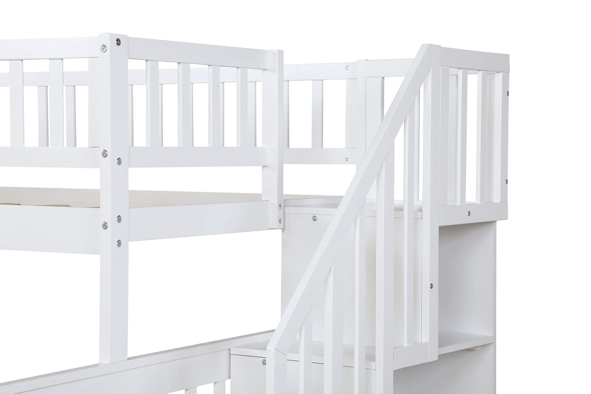 Twin Over Full Bunk Bed Frame for Kids - Solid Wood Bunk Beds with Storage Drawers, Safety Guard Rails & Staircase - White | Space-Saving Bedroom Solution for Siblings or Sleepovers