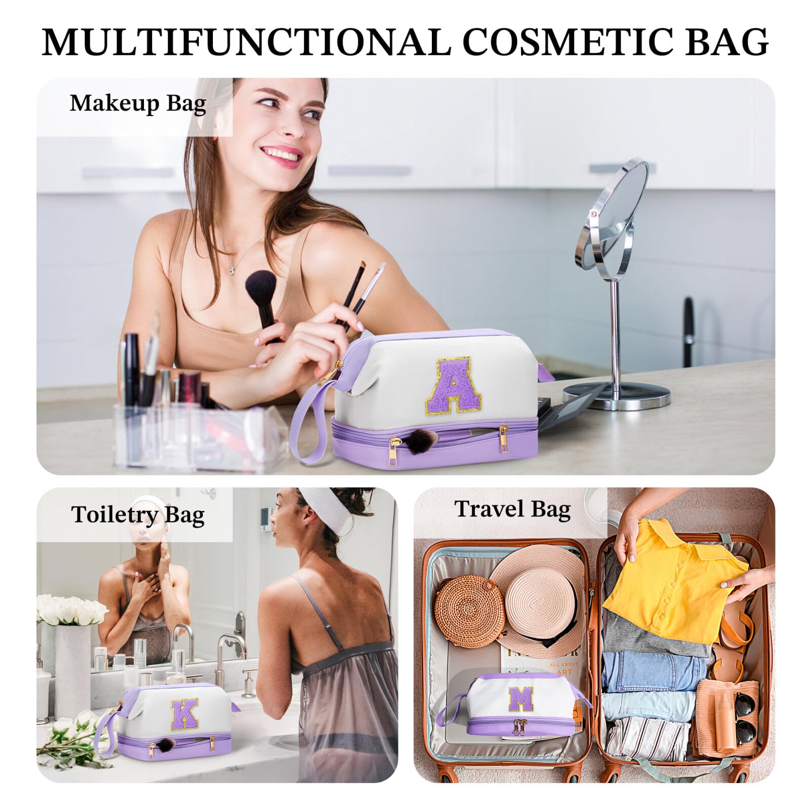YOOLIFE Large Capacity Leather Makeup Bag - Personalized Initial Travel Cosmetic Organizer for Women | Perfect for Teens, Bridal Showers, Birthday Gifts & Mom Presents | Great for Travel, Daily Use & Cosmetic Storage (Purple)