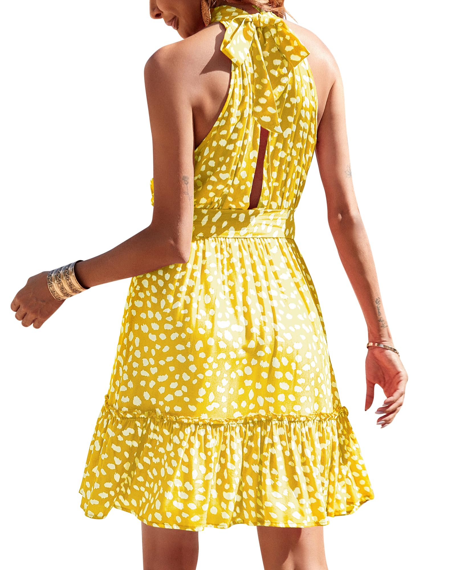 BTFBM Women's Floral & Polka Dot Halter Neck Summer Dress - Sleeveless Boho Mini Dress with Ruffle Trim for Beach, Vacation & Casual Outings in Spring & Summer 2025