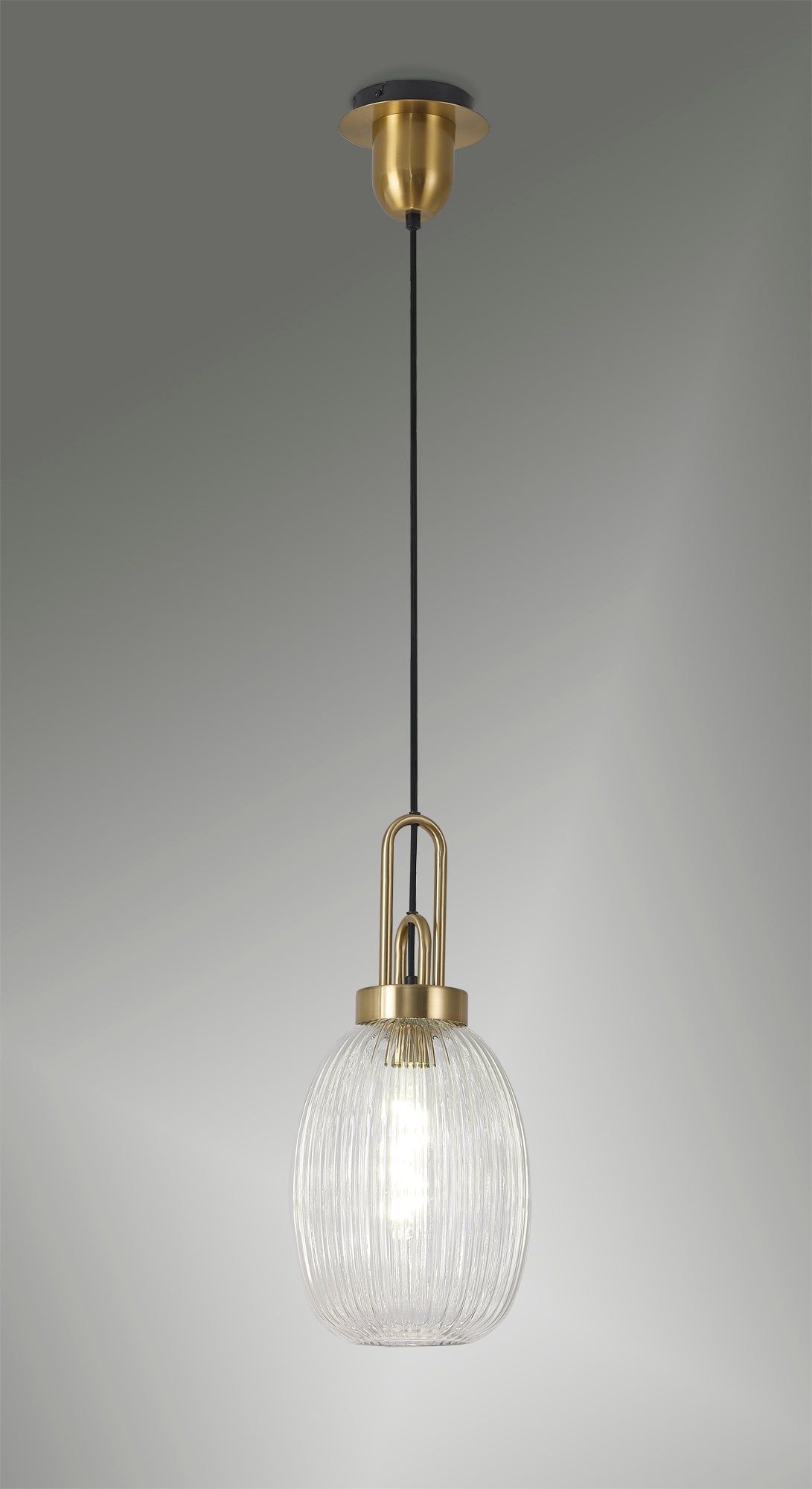 Cadiz 1-Light Pendant Light Fixture with 20cm Almond Ribbed Glass Shade, E27 Socket, IP20 Rated - Perfect for Kitchen Island, Dining Room, or Bedroom Lighting