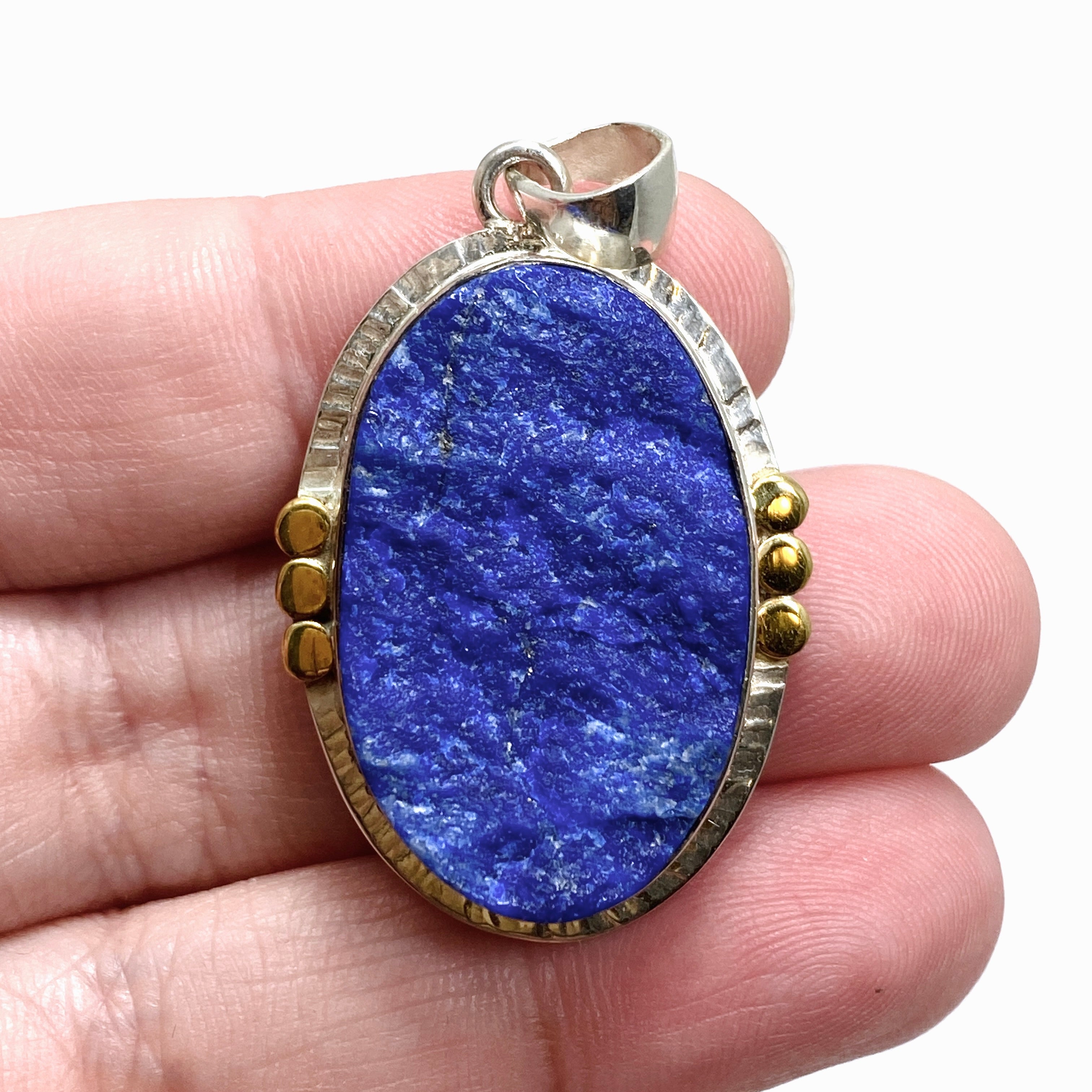 Natural Lapis Lazuli Oval Raw Stone Pendant with Brass Accents KPGJ4855 - Handmade Boho Jewelry for Women, Spiritual Healing & Meditation Accessory