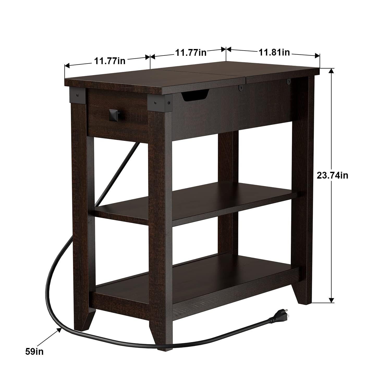 Set of 2 Narrow Flip Top End Tables with USB Charging Station - Farmhouse Style Nightstands with Storage Shelf - Space Saving Sofa & Bedside Tables for Living Room & Bedroom in Espresso Finish - Perfect for Small Apartments, Dorms & Cozy Home Decor
