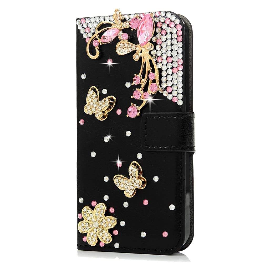 Sparkly 3D Handmade Butterfly Crystal Wallet Phone Case for iPhone 13 Pro Max - Black Glitter Bling Leather Cover with Screen Protector (2 Pack) - Perfect for Parties, Weddings & Everyday Luxury