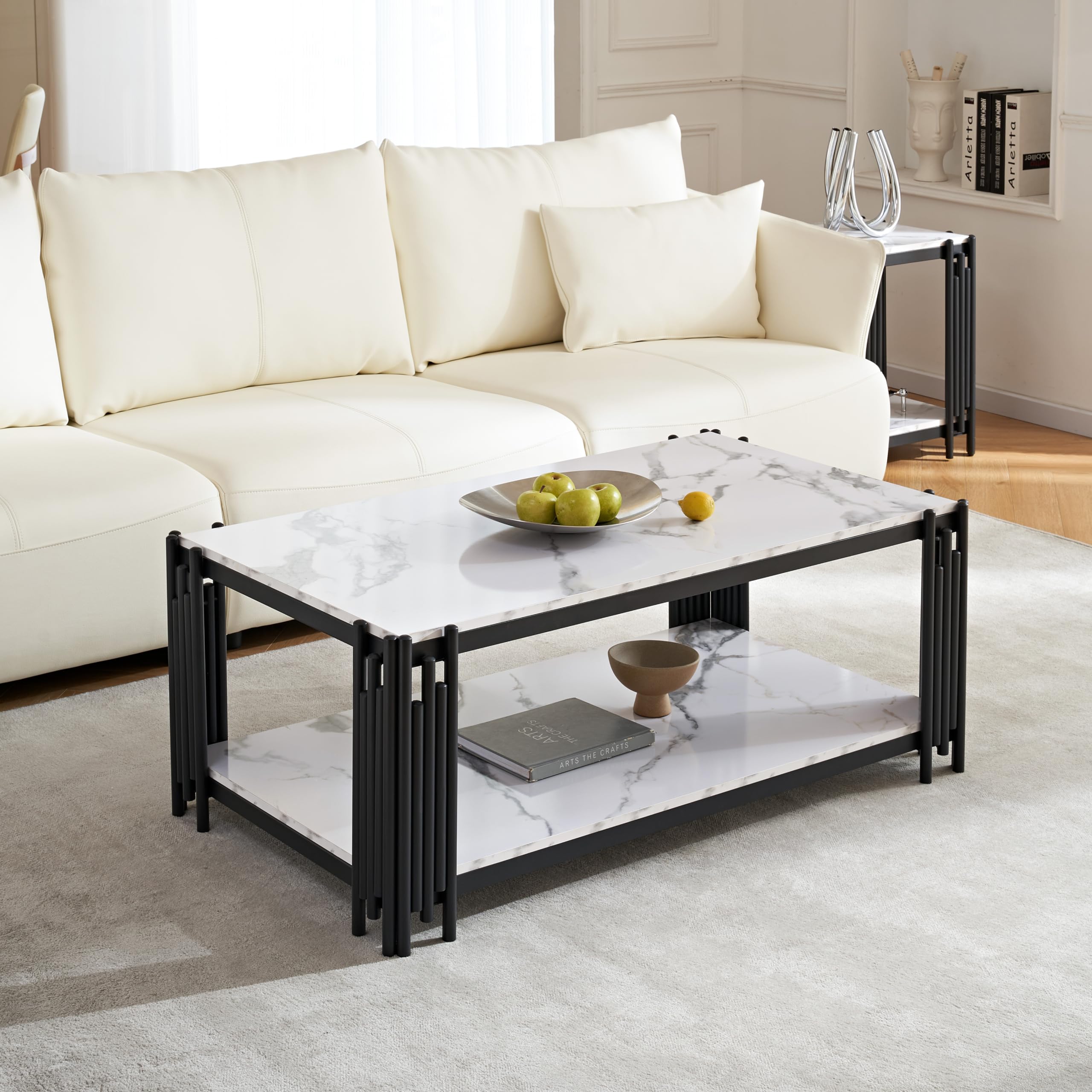 Elegant White Faux Marble Coffee Table Set with Black Metal Frame - 2 Piece Living Room Furniture (1 Rectangle Coffee Table & 1 Console Table) for Modern Home Decor, Living Room, Lounge & Office Spaces