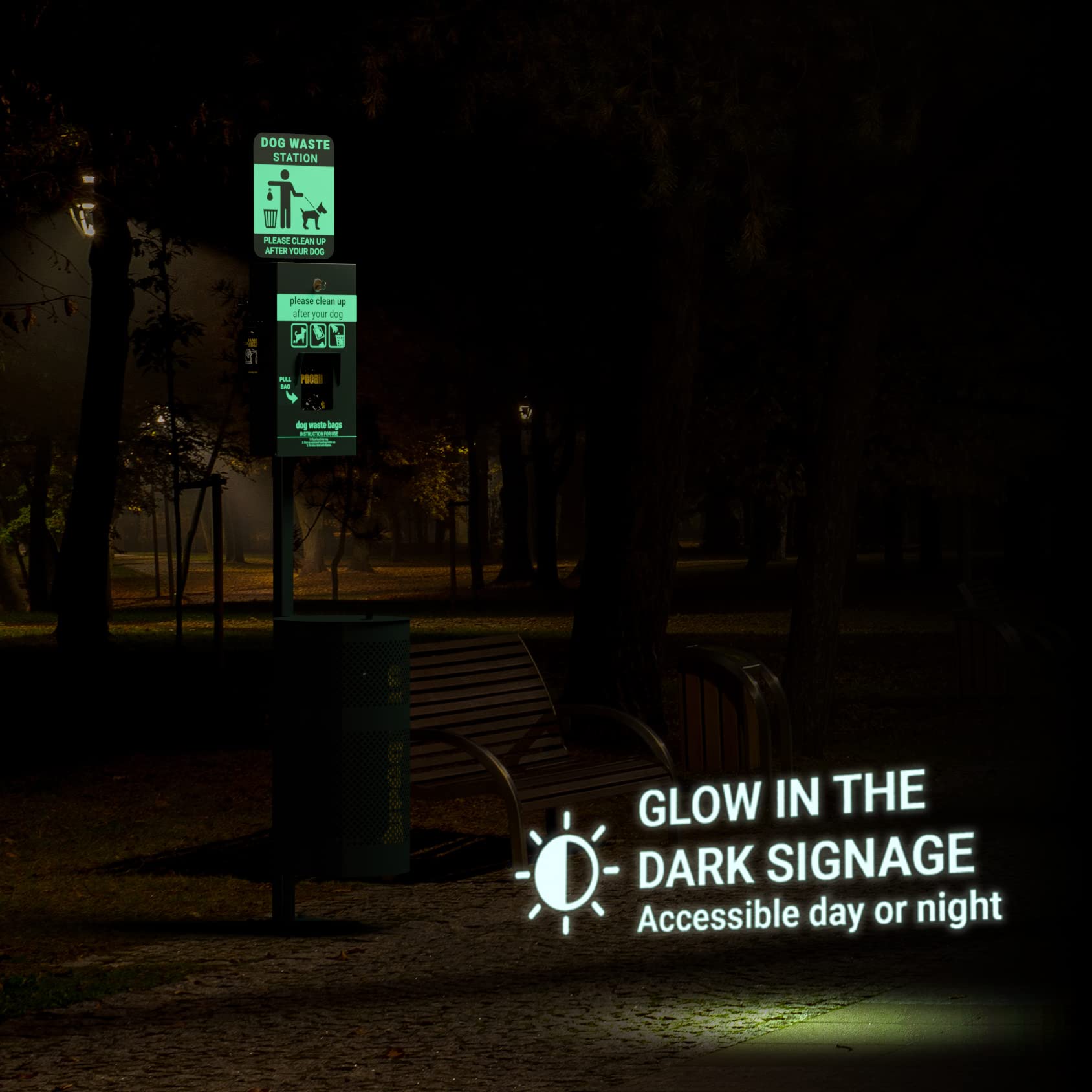 Glow in the Dark Pet Waste Station with 400 Dog Waste Bags & 50 Can Liners - Outdoor Dog Poop Dispenser with Sign, Hand Sanitizer & Trash Can for Parks, Backyards & Community Areas