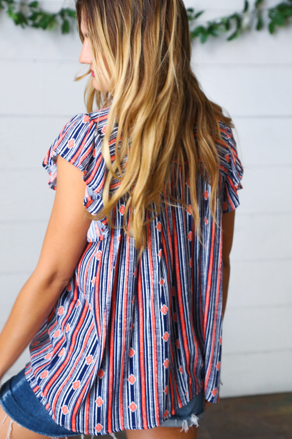 Boho Stripe Flutter Sleeve Top - Navy & Orange Women's Blouse for Casual Wear, Beach Outfits & Summer Fashion
