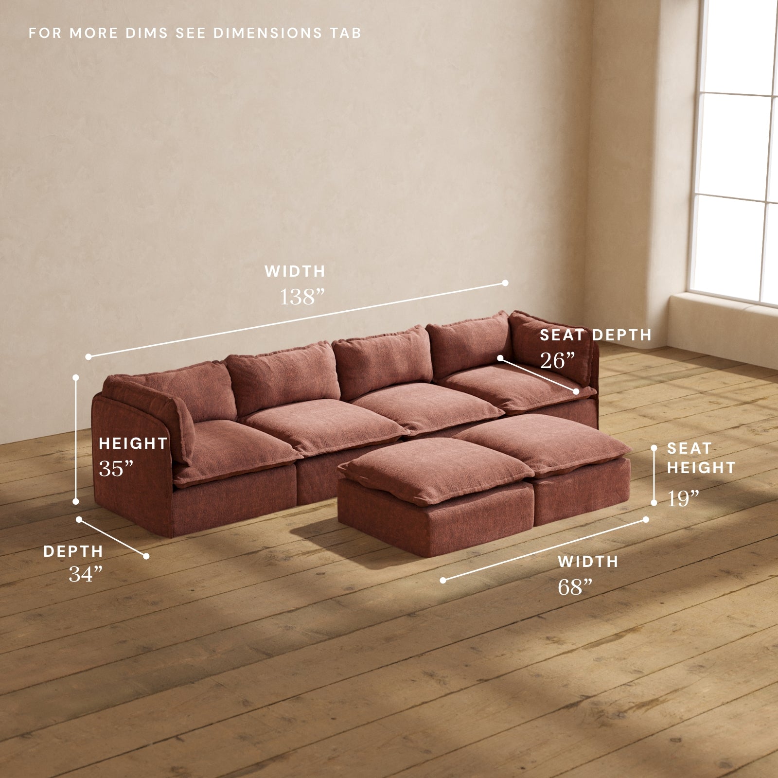Modular Performance 4-Seater Sofa with Bench Ottoman in Chestnut Brown | Premium Comfort Blend for Living Room, Family Room & Lounge Areas