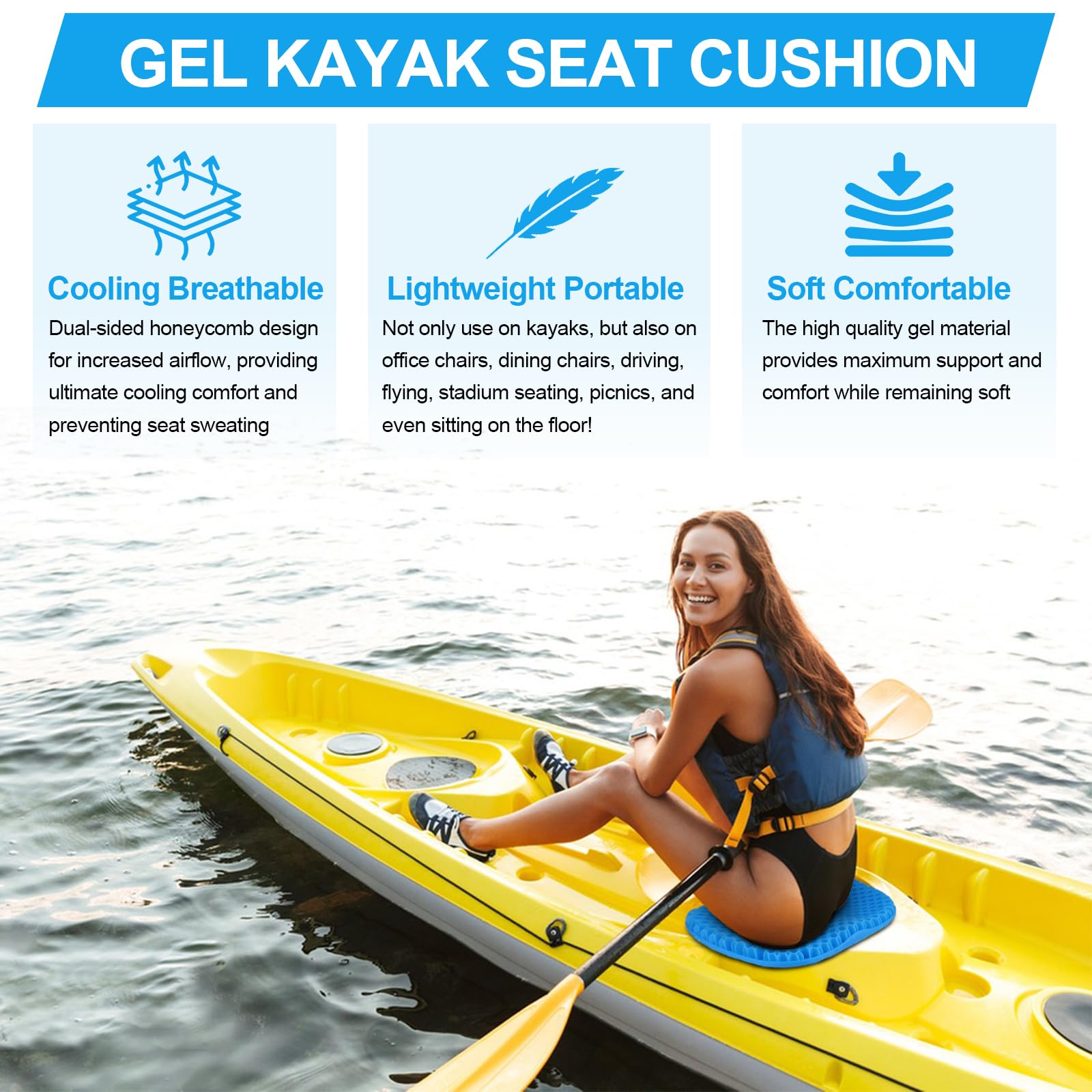Non-Slip Kayak Seat Cushion - Waterproof Gel Seat Pad with Anti-Slip Cover for Sit-In & Inflatable Kayaks, Canoes & Boats - Comfortable Fishing & Water Sports Accessories for Outdoor Adventures