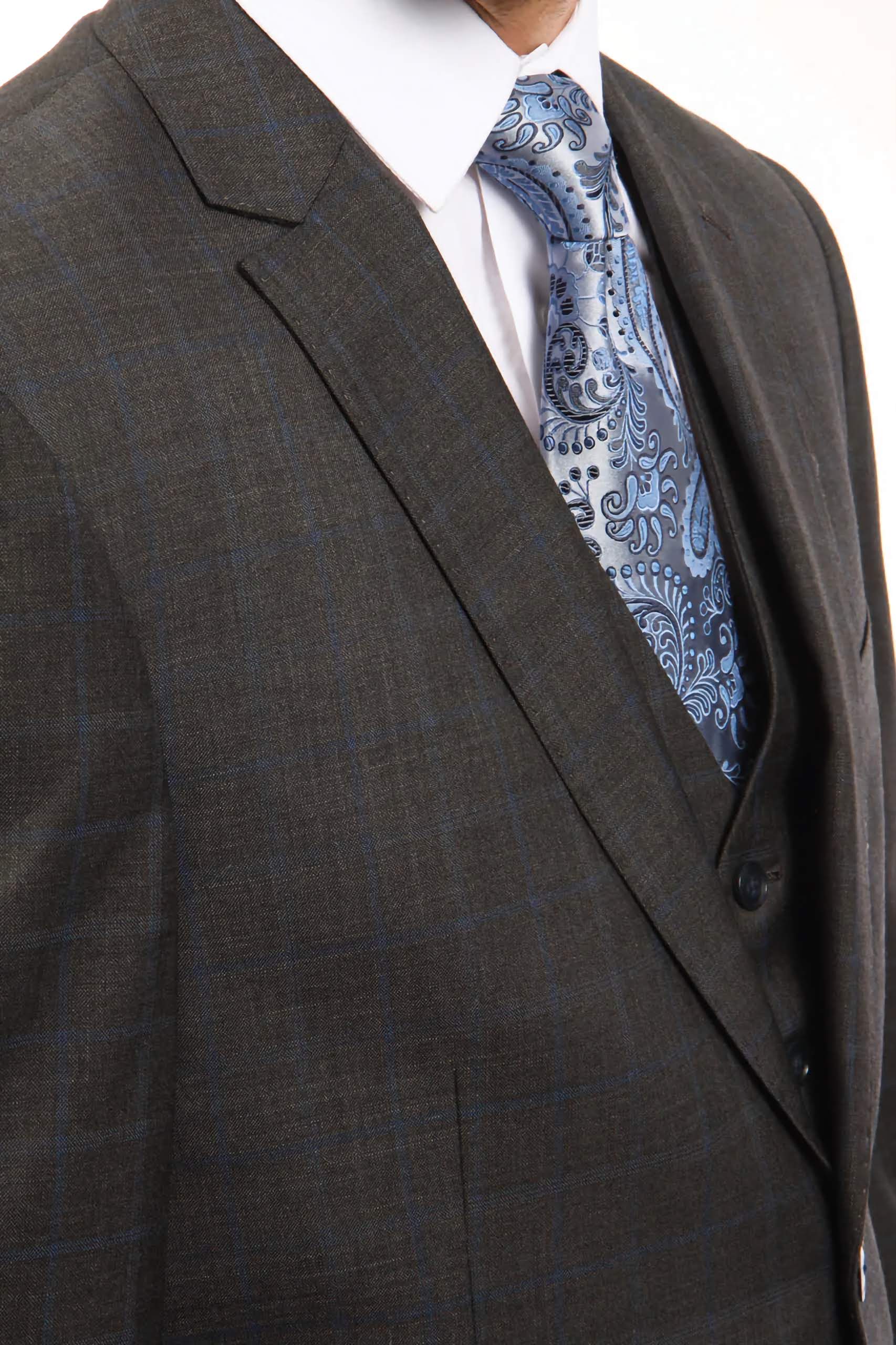Premium Dark Gray Wool Suit - Modern Fit 3-Piece Windowpane Business Suit for Men | Perfect for Weddings, Office & Formal Events