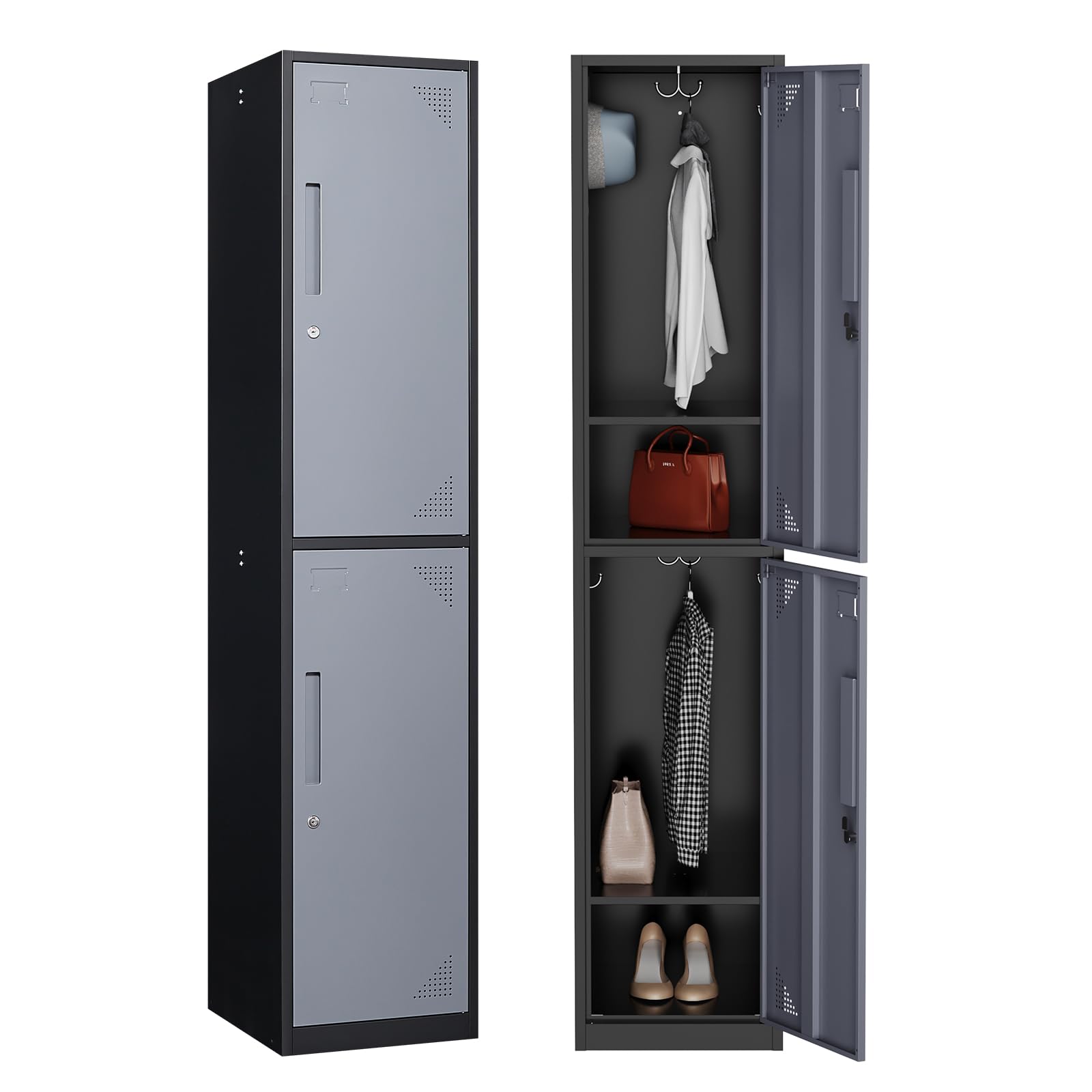 MIIIKO 2-Tier Metal Locker with Keys - Secure Lockable Storage Cabinet for School, Gym, Office, Dorm & Workshop - Perfect for Employee Belongings, Sports Gear & Work Tools Organization