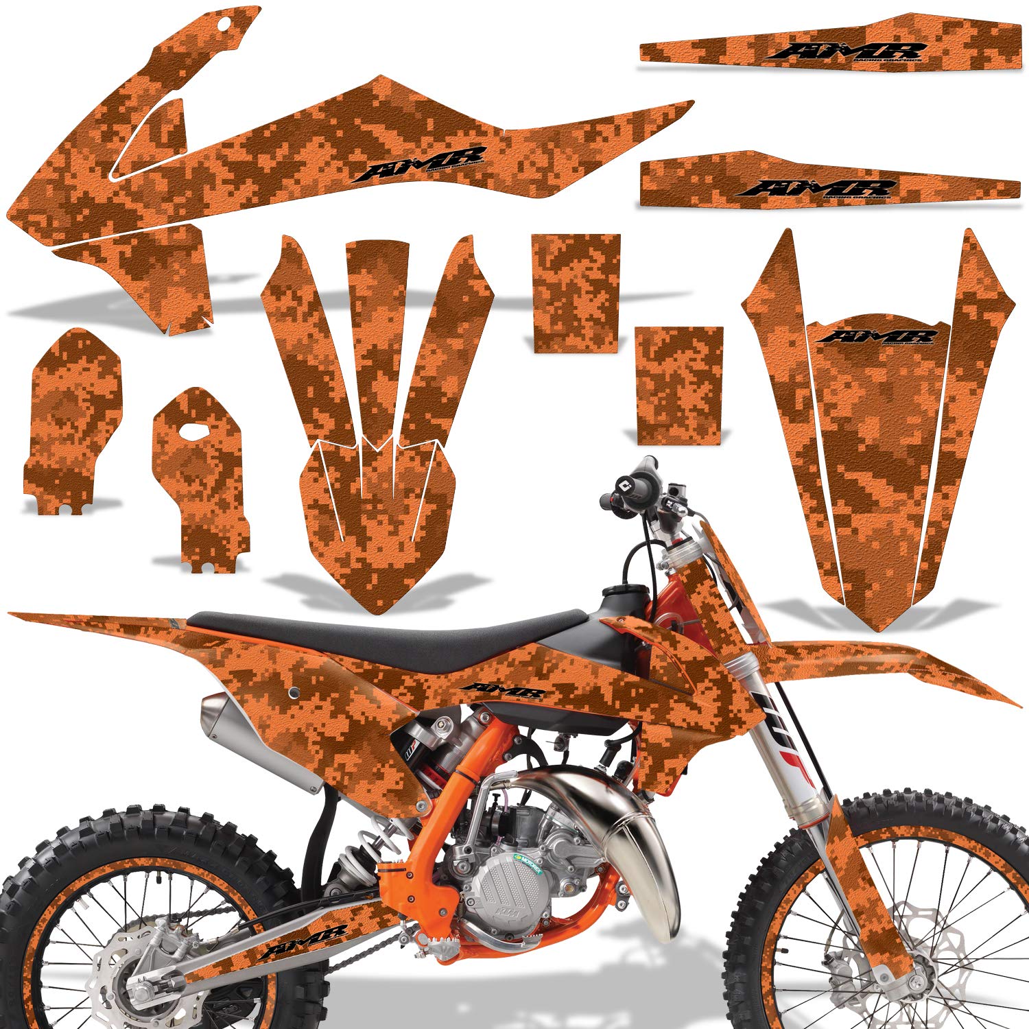 AMR Racing MX Dirt Bike Graphics Kit - Sticker Decal & Number Plates for KTM 85 SX (2018-2020) | Digi Camo Orange Design | Motocross Customization & Off-Road Racing Accessories