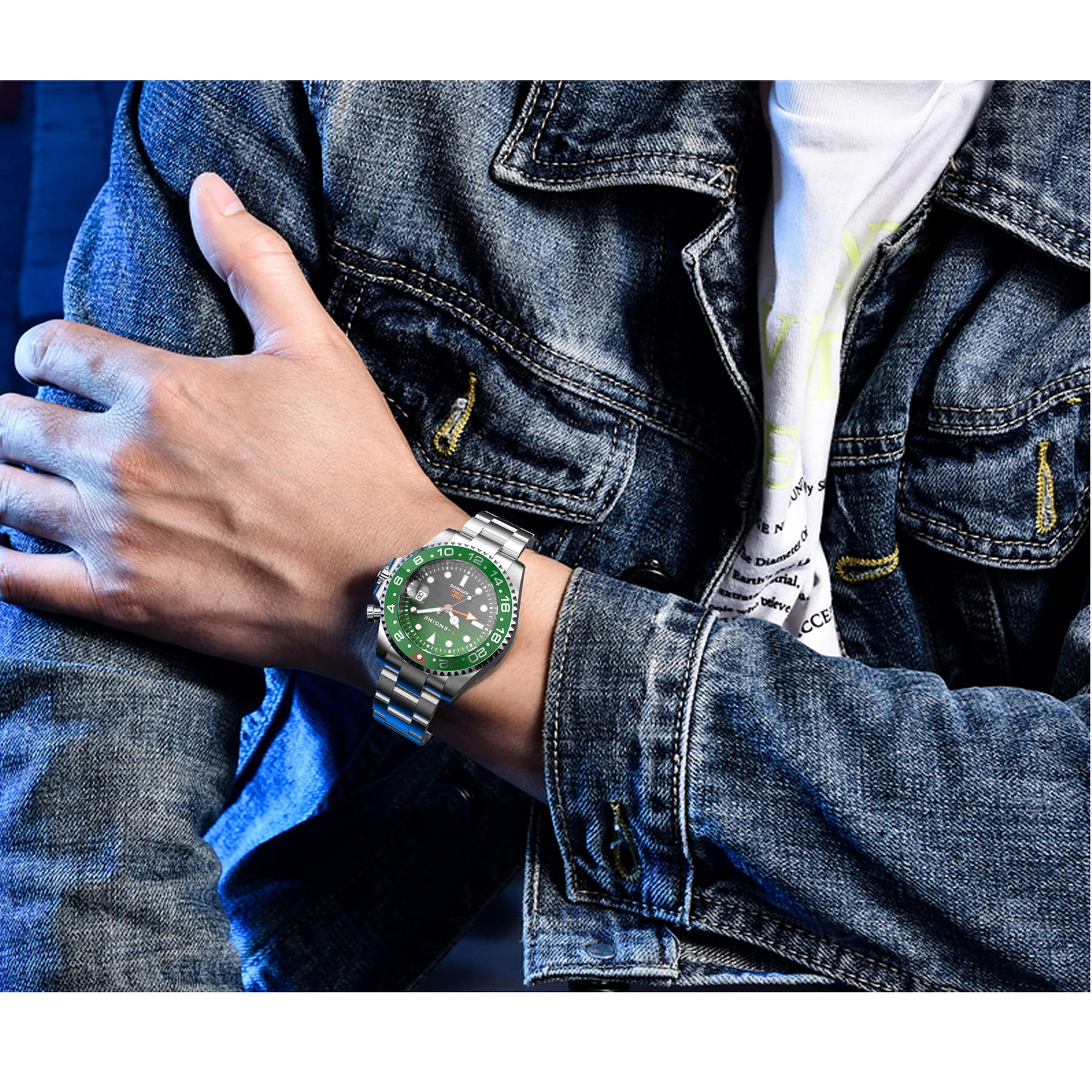 T-ENGINE GMT Men's Waterproof Watch - 10 ATM, Dual Time, Automatic Charging, Stainless Steel 43mm Quartz Watch for Business Travel & Outdoor Adventures