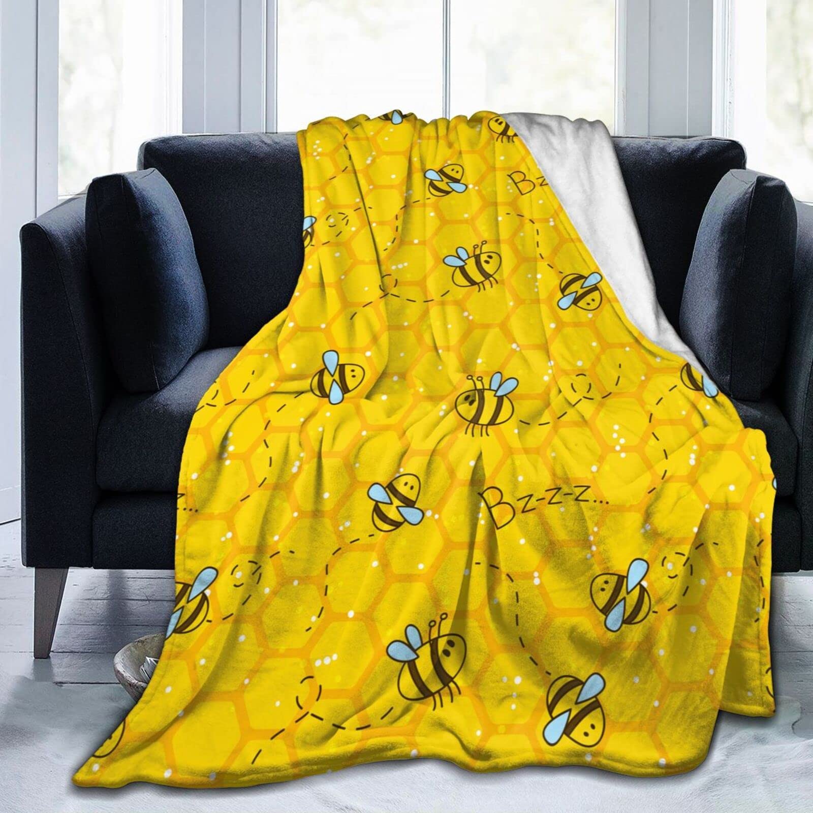 Soft Cozy Honeycomb Bee Throw Blanket - Cute Yellow Bumblebee & Honeycombs Design, 40