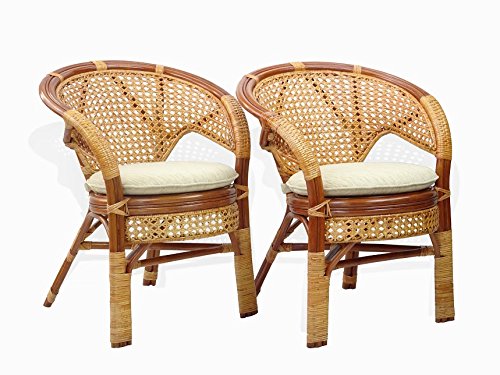 Pelangi Rattan Wicker 2-Piece Patio Set - Woven Chair with Cushions & Round Coffee Table with Glass Top - Colonial Style Outdoor Furniture for Garden, Balcony or Poolside Relaxation