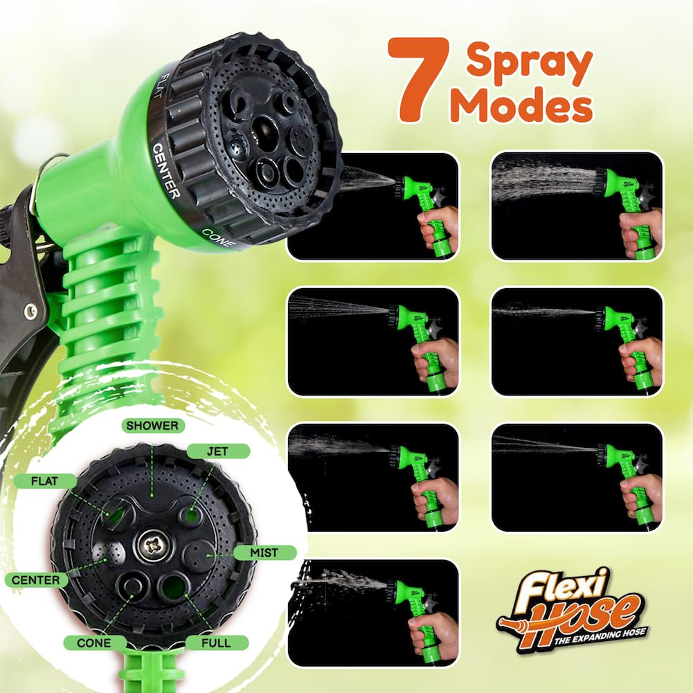 Flexi Hose Expandable Garden Hose 150FT - Heavy Duty Water Hose with 3/4-Inch Solid Brass Fittings, Retractable Design & Spray Nozzle Included - Green (45 Meters) - Perfect for Lawn Care, Car Washing, and Outdoor Watering