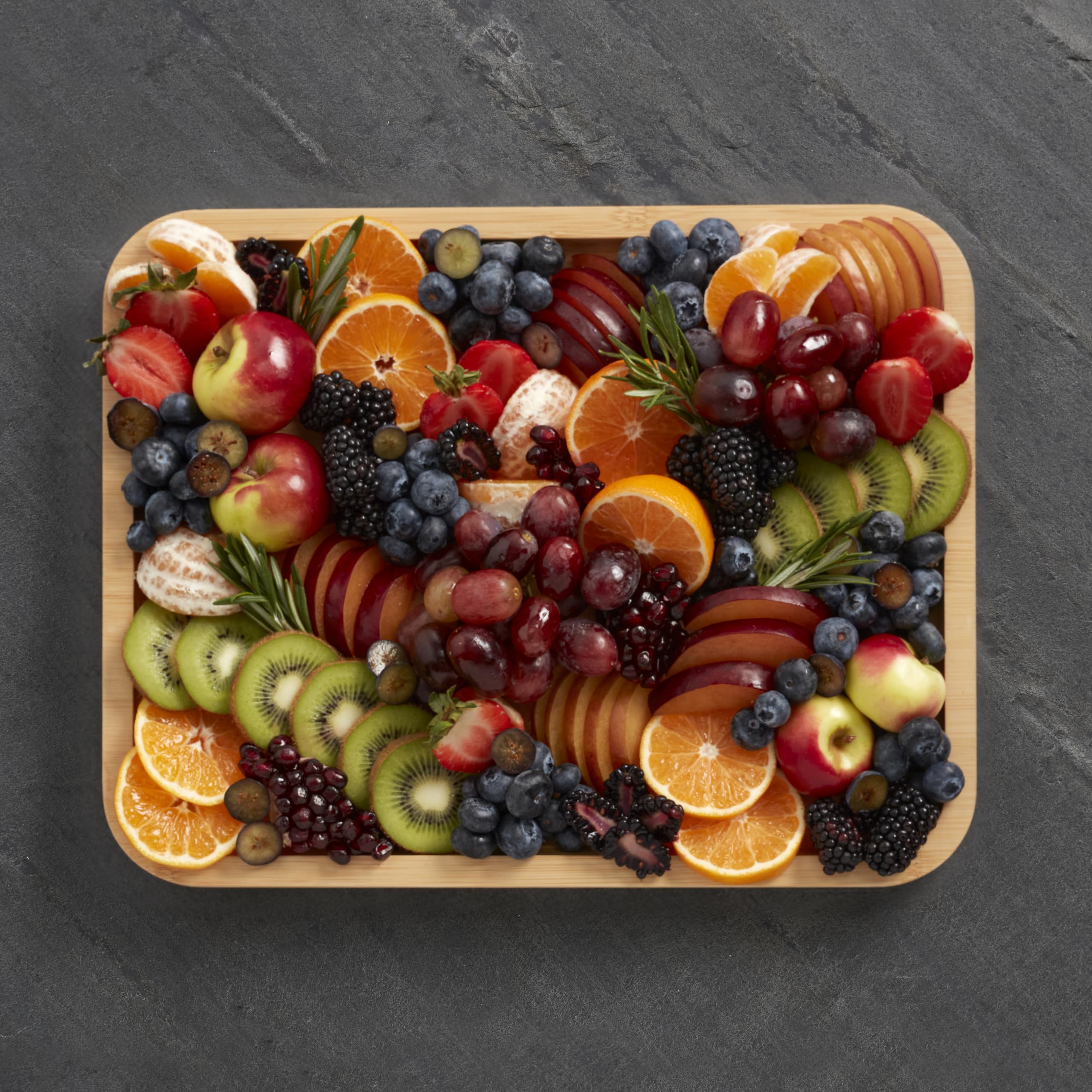 Farberware Bamboo Cutting Board with Built-in Compartments & Locking Lid - Navy Handles - Perfect for Charcuterie, Cheese, Snacks - Ideal for Entertaining, Kitchen Prep & Serving