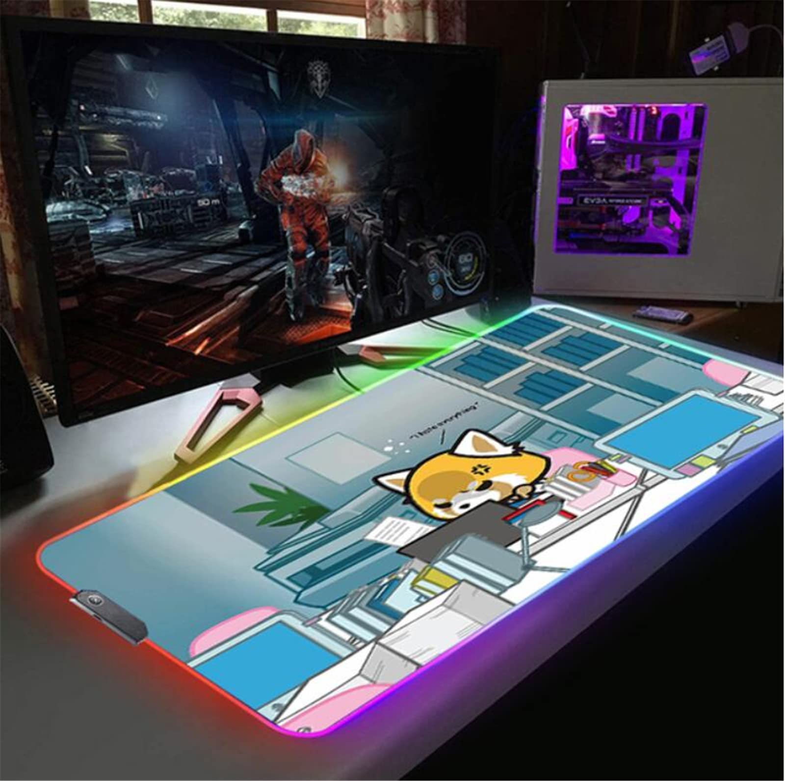 Extended RGB Gaming Mouse Pad with Aggretsuko Anime Design - Non-Slip Keyboard Mouse Mat for PC, Laptop, Office & Gaming Setup