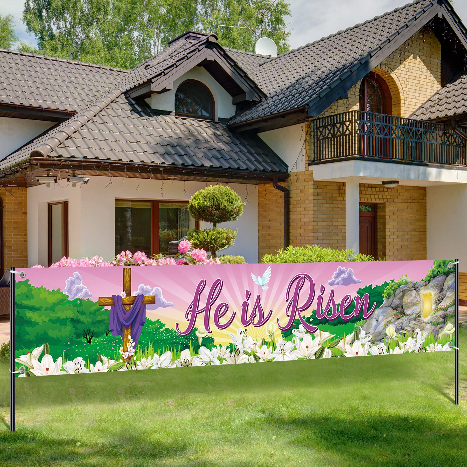 Tatuo He Is Risen Easter Banner - Large 98x18 Inch Religious Yard Sign with Christian Cross Design for Spring Decorations | Durable Fabric Fence Sign for Garden, Church, Home Indoor & Outdoor Use | Perfect for Easter Celebrations, Photo Backdrops, and Holiday Festivities