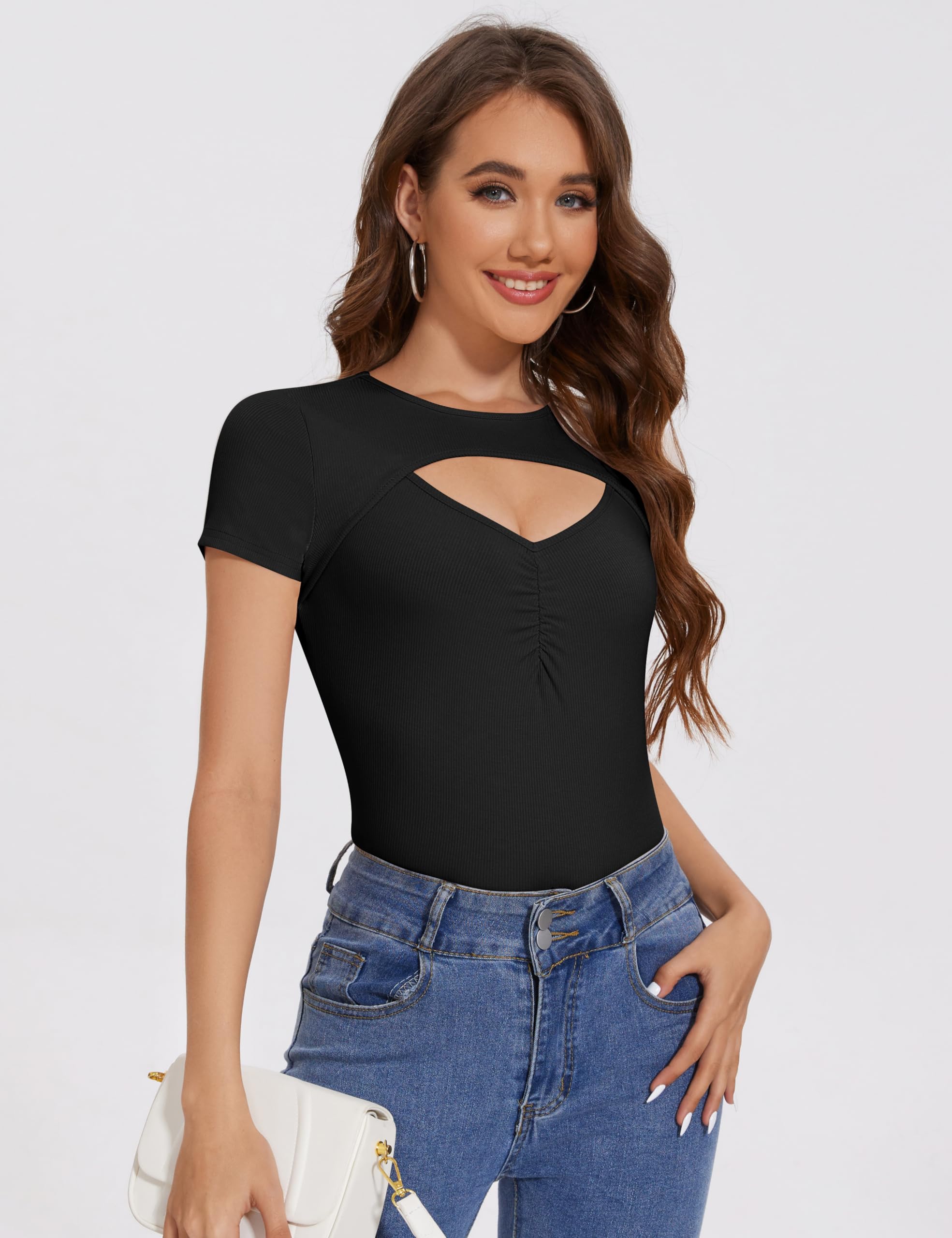 KTILG Women's Sexy Ribbed Knit Cut Out Front Short Sleeve T-Shirt - Slim Fitted Tee for Casual Wear & Night Out (Sizes S-XXL) | Perfect for Date Nights, Parties & Summer Outfits