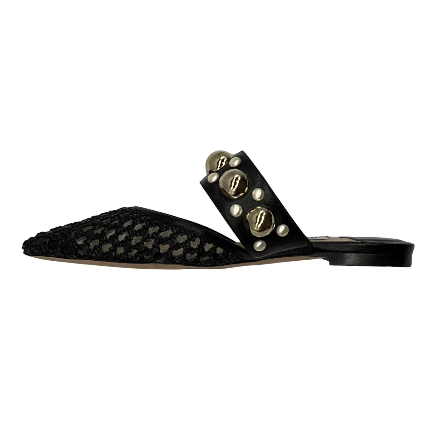 Jimmy Choo Black Basette Pearl Embellished Raffia & Leather Flat Mules - Women's Luxury Summer Slides for Beach, Pool & Casual Outings