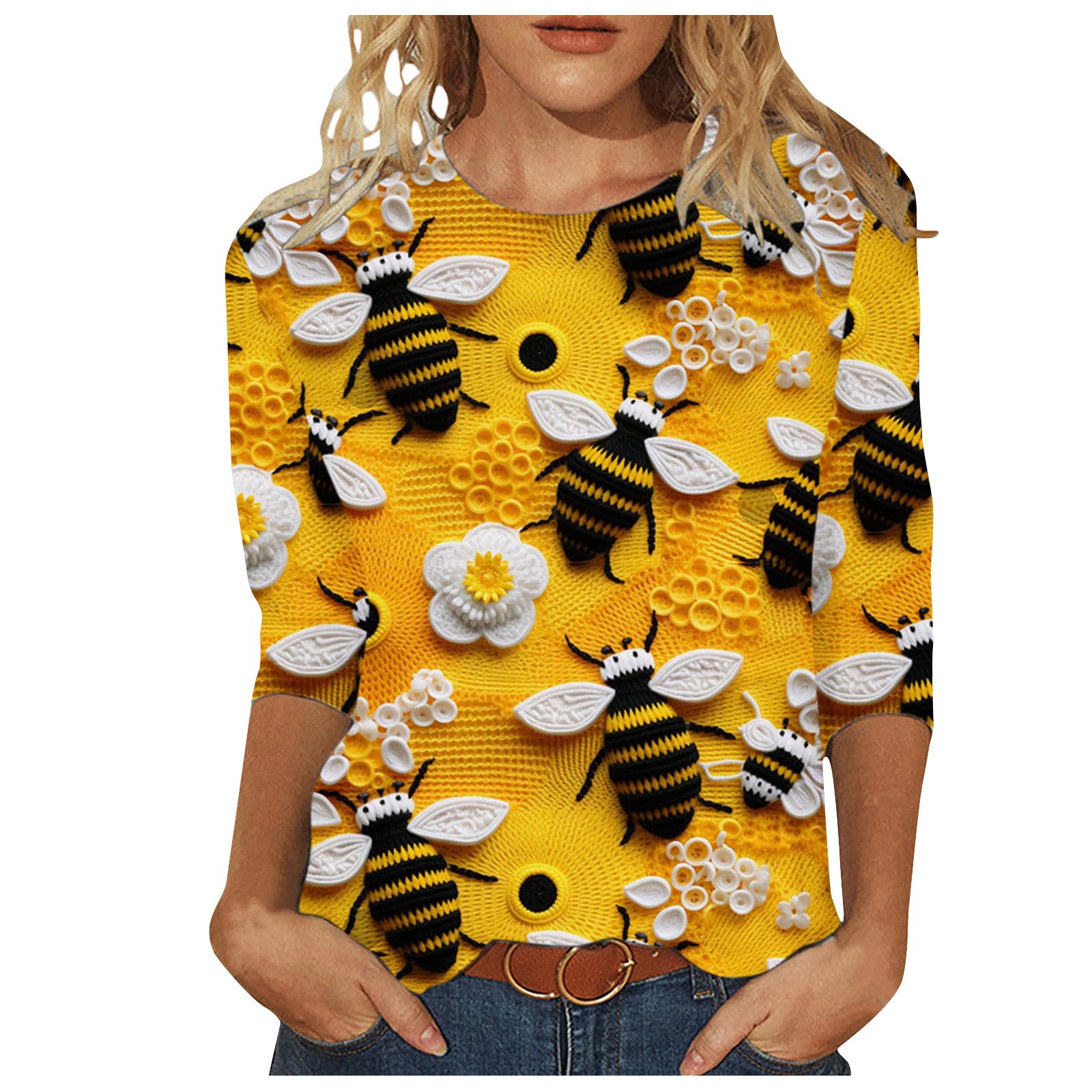 Wodceeke Women's Bee Print 3/4 Sleeve T-Shirt - Casual Summer Top for Outings
