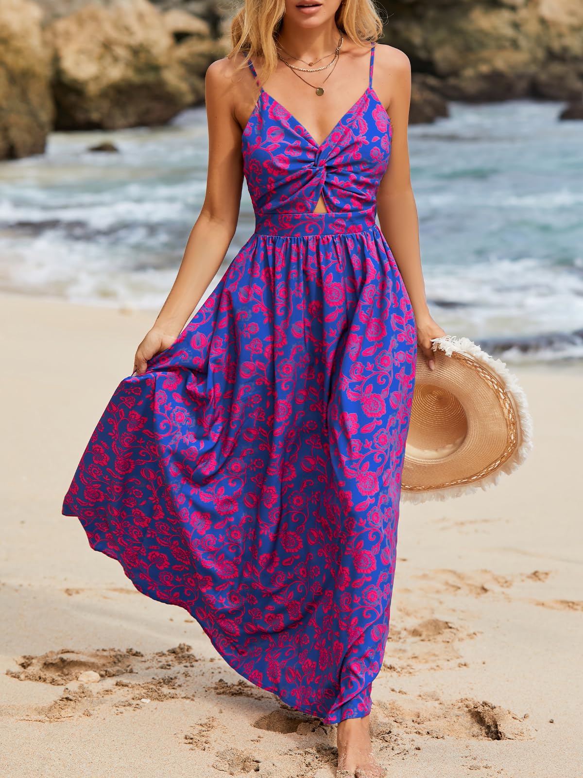CUPSHE Women's Floral Print Maxi Dress - V Neck Sleeveless Long Summer Dress for Beach, Vacation & Casual Wear | Lightweight Comfortable Boho Style