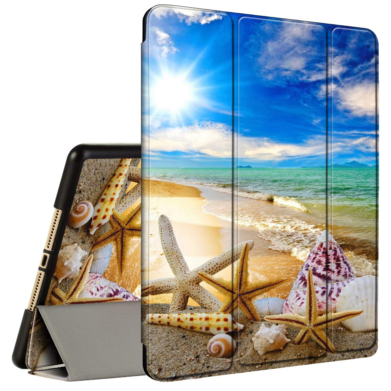 Premium Shockproof iPad 9.7 Case (2017/2018 Models) - Tri-Fold Smart Cover with Pencil Holder for iPad 6th/5th Gen & iPad Air 1/2 - Beautiful Beach Seashell Design - Perfect for Work, Travel & Home Use