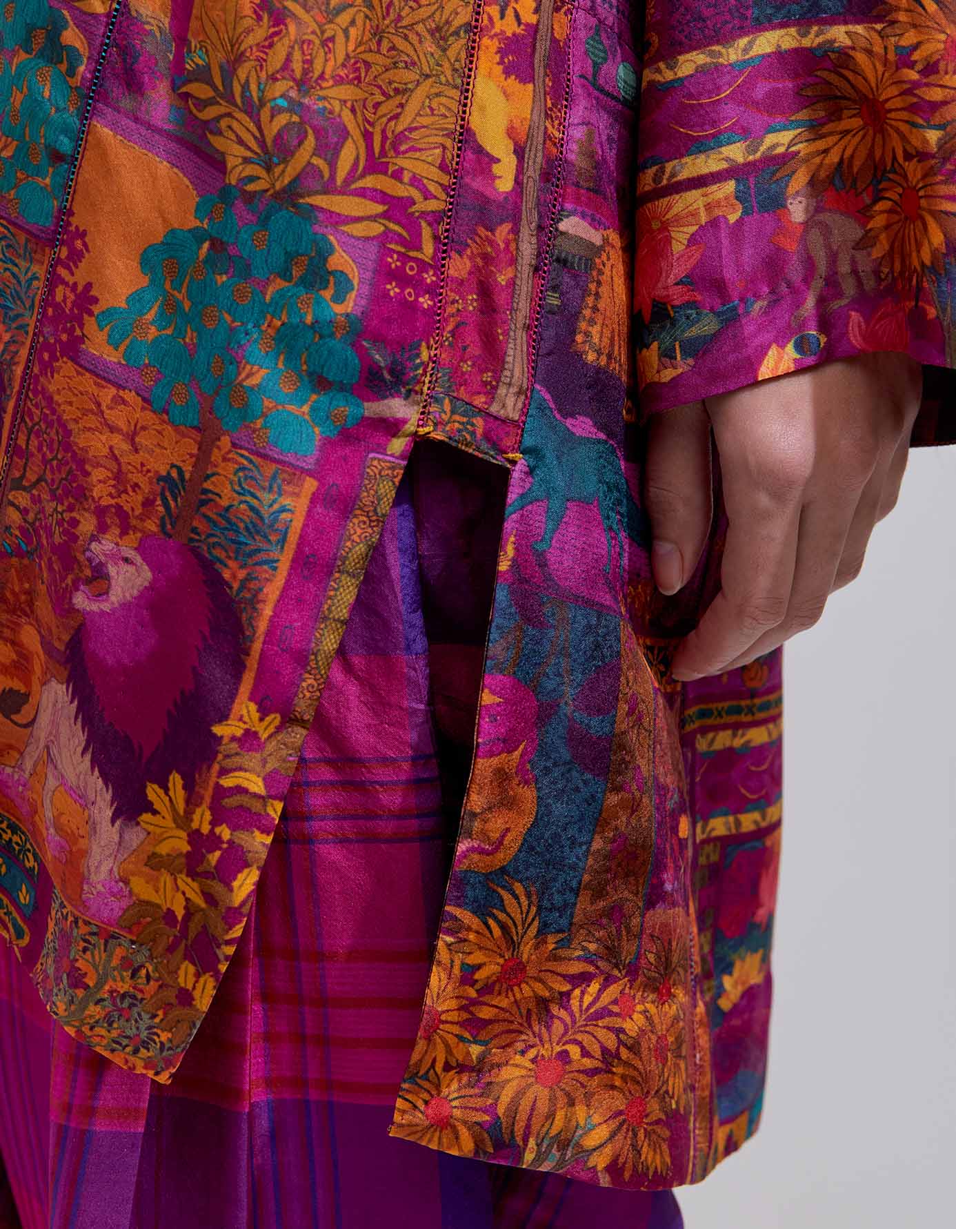 6-Pleat Silk Dupion Check Trousers in Purple - Elegant Office Wear & Formal Occasions