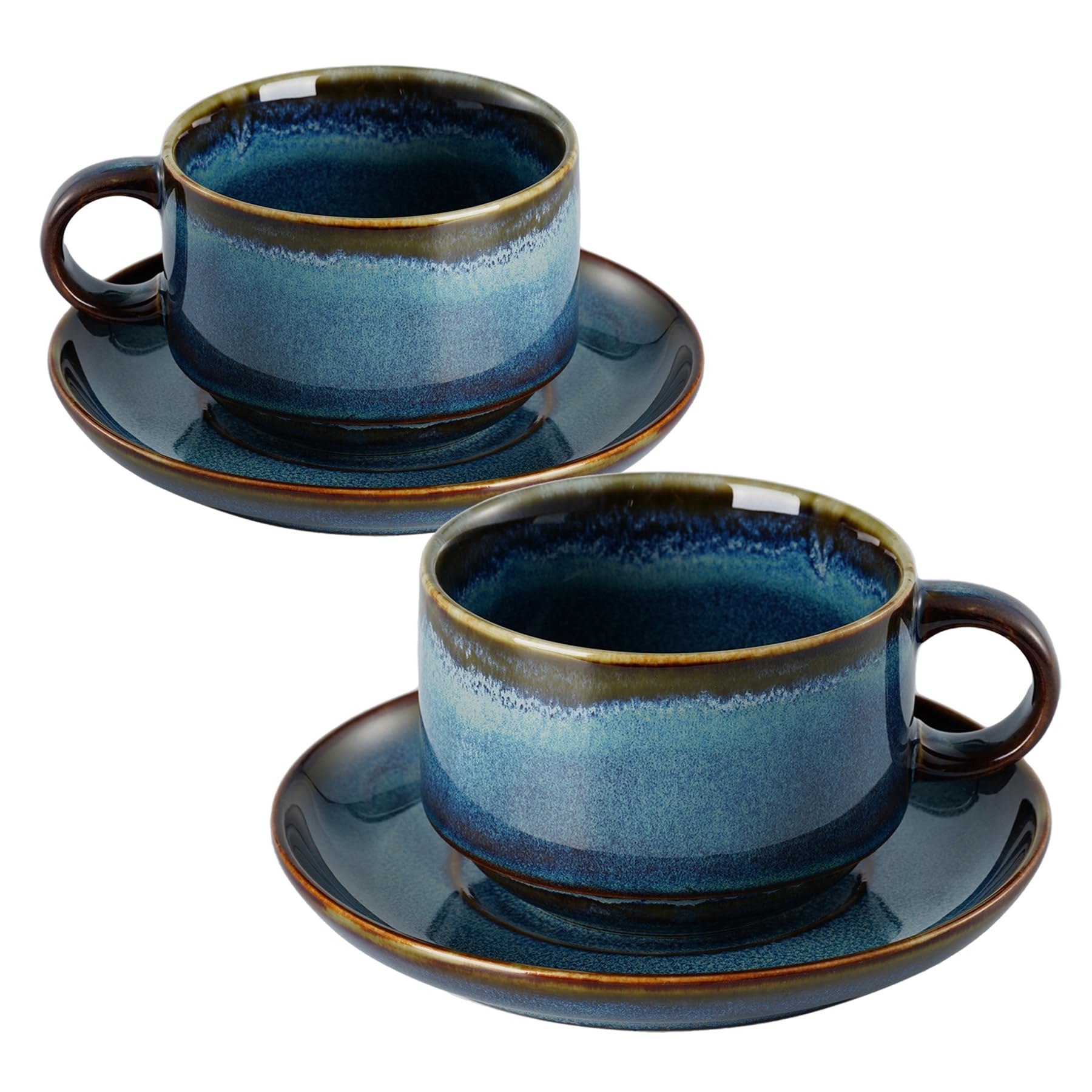Premium 10oz Ceramic Cappuccino Cups with Saucers - Set of 2, Dishwasher & Microwave Safe - Perfect for Latte, Au Lait, Tea & Mocha - Reactive Blue Glaze - Ideal for Coffee Shops, Home Use & Gifts