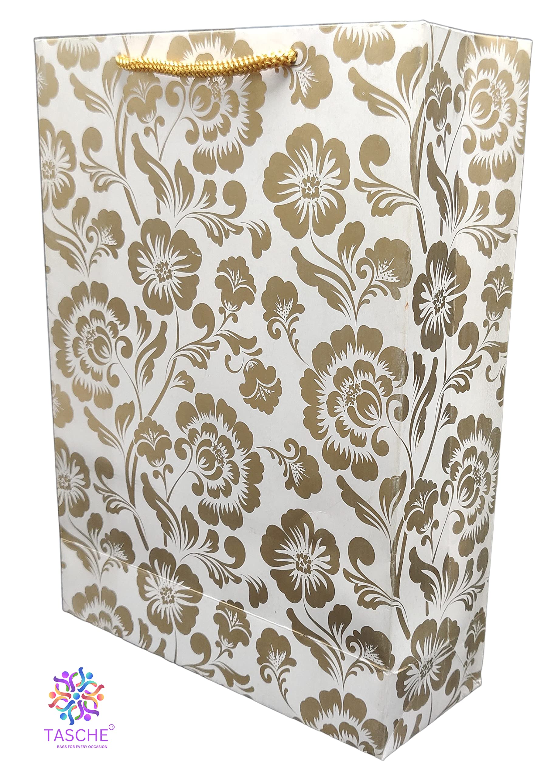 Premium Gold Flower & Mandala Printed Gift Bags - 10 Pack Elegant Paper Carry Bags for Birthday, Wedding, Baby Shower & Party Favors (28x20x7.5cm) - Perfect for Gift Wrapping, Return Gifts & Special Occasions
