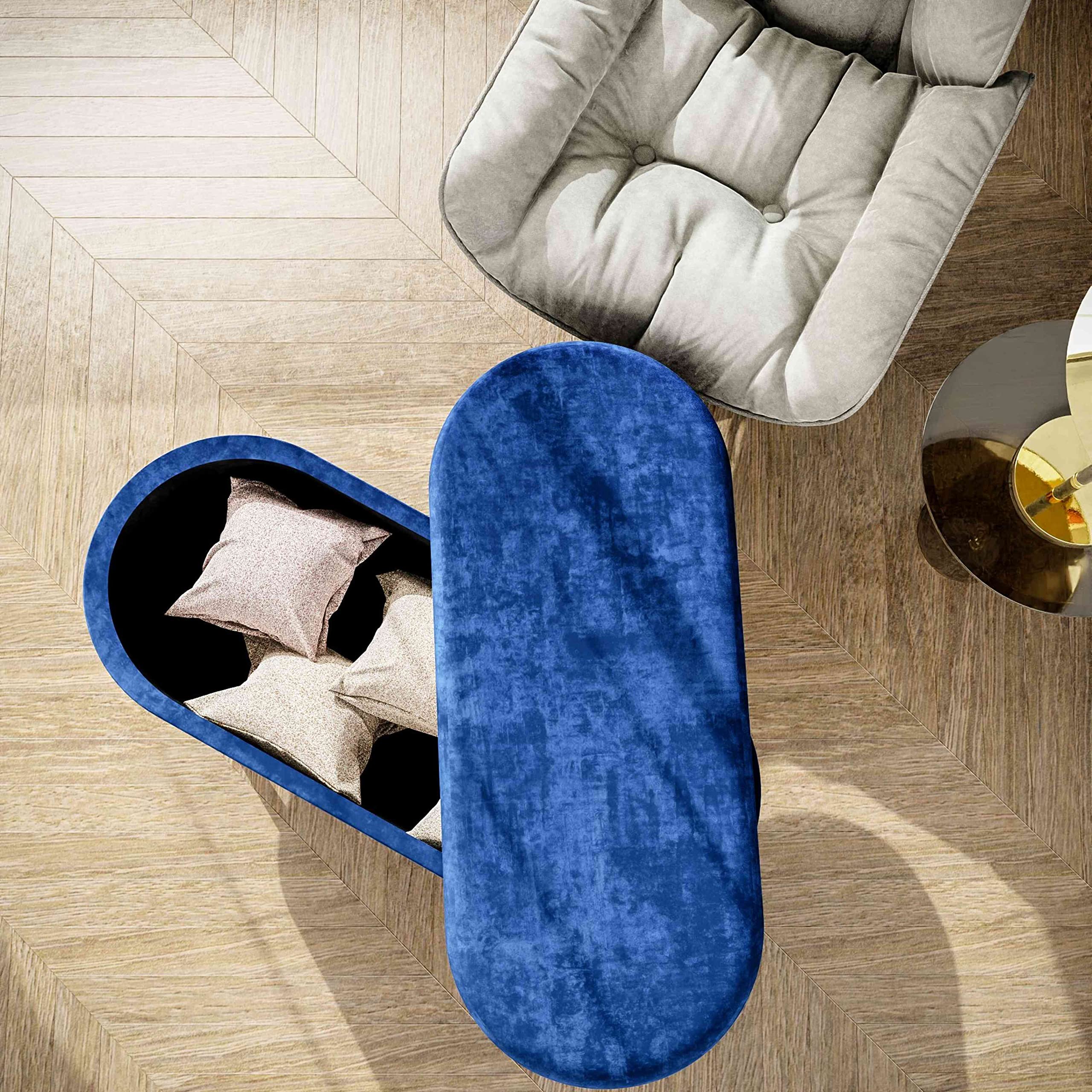 Cortesi Home Ruslan Navy Blue Oval Storage Ottoman - Upholstered Footrest Bench with Hidden Storage for Living Room, Bedroom & Entryway